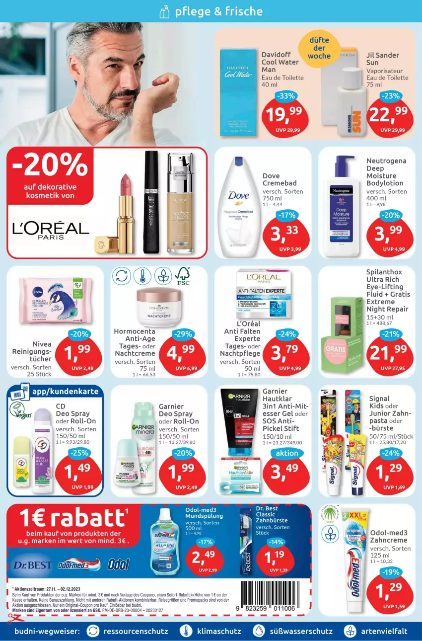 Aktueller Prospekt Budni - Prospekte - von 27.11 bis 02.12.2023 - strona 2 - produkty: Bad, body, bodylotion, bürste, creme, davidoff, deo, deo spray, dove, Dr. Best, eis, elle, garnier, gin, kraft, loreal, Lotion, mizellen, mundspülung, nachtcreme, nachtpflege, neutrogena, nivea, Odol, pasta, Reinigung, reis, roll-on, sofort-rabatt, spülung, Ti, tücher, wasser, zahncreme