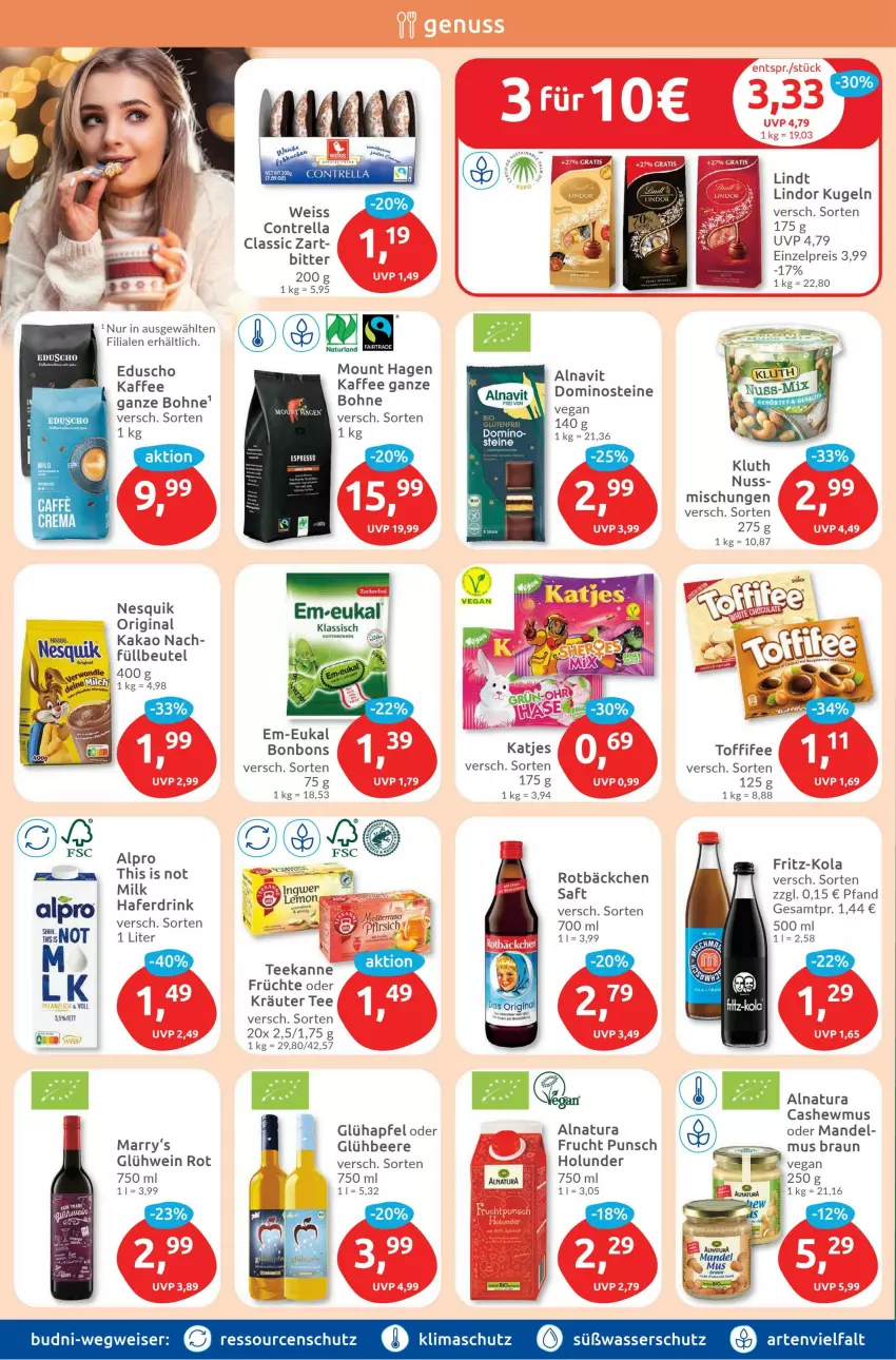 Aktueller Prospekt Budni - Prospekte - von 27.11 bis 02.12.2023 - strona 6 - produkty: alpro, apfel, beere, beutel, bohne, bonbons, braun, caffe, Cashew, Dominosteine, drink, eduscho, eis, espresso, fritz, fritz-kola, frucht, früchte, gin, Glühwein, hafer, Haferdrink, holunder, kaffee, kakao, katjes, kräuter, Kugel, lindor, lindt, mandel, natur, natura, nesquik, nuss, reis, rel, saft, tee, teekanne, toffifee, wasser, wein