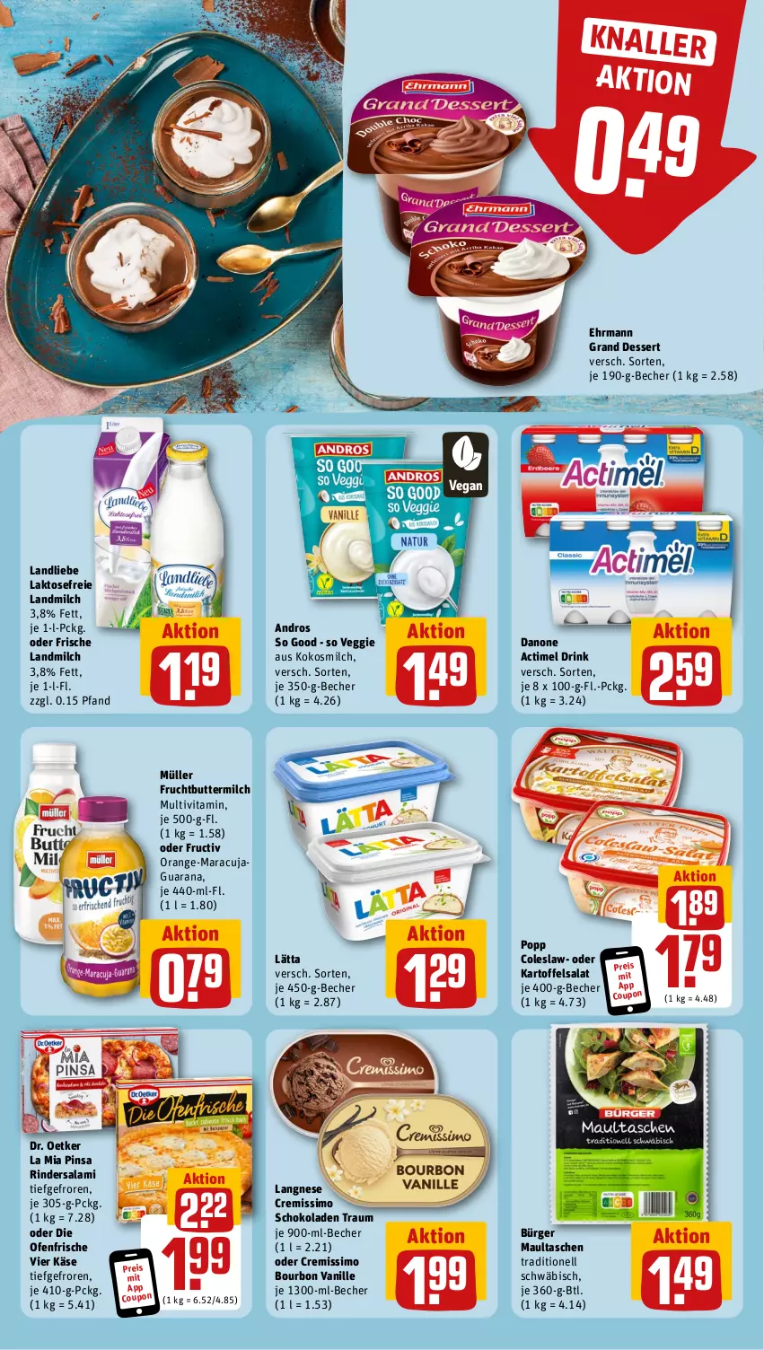 Aktueller Prospekt Rewe - Prospekte - von 17.07 bis 22.07.2023 - strona 10 - produkty: actimel, actimel drink, Becher, bourbon, bourbon vanille, butter, buttermilch, Coleslaw, coupon, cremissimo, danone, danone actimel drink, dessert, die ofenfrische, Dr. Oetker, drink, ehrmann, Ehrmann Grand Dessert, eis, frucht, Jaguar, kartoffel, kartoffelsalat, Käse, kokos, kokosmilch, landliebe, landmilch, langnese, langnese cremissimo, lätta, maracuja, maultaschen, milch, Müller, Ofen, orange, Popp, Rana, reis, rind, rinder, Rindersalami, salami, salat, schoko, schokolade, schokoladen, sim, Tasche, taschen, Ti, vanille, veggie, vita