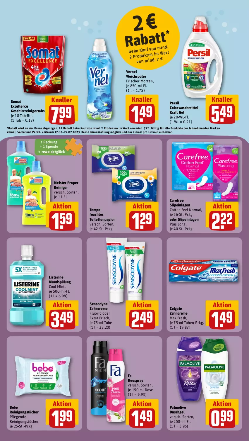 Aktueller Prospekt Rewe - Prospekte - von 17.07 bis 22.07.2023 - strona 12 - produkty: Bebe, carefree, colgate, colorwaschmittel, creme, deo, deospray, duschgel, eis, elle, feuchtes toilettenpapier, geschirr, kraft, LG, listerine, Max Fresh, Meister, meister proper, mint, mundspülung, olive, palmolive, papier, persil, reiniger, Reinigung, reinigungstücher, sensodyne, slip, slipeinlagen, somat, spülung, Tempo, Ti, toilettenpapier, tücher, vernel, waschmittel, weichspüler, zahncreme