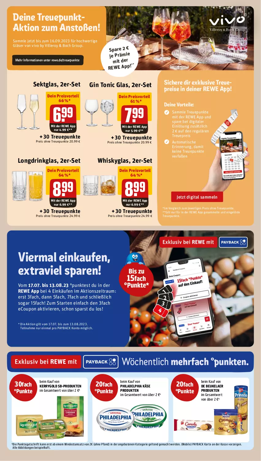 Aktueller Prospekt Rewe - Prospekte - von 17.07 bis 22.07.2023 - strona 13 - produkty: angebot, angebote, auto, coupon, de beukelaer, drink, eis, erde, gin, Gläser, Käse, kerrygold, mac, payback, philadelphia, preisvorteil, reis, sekt, Ti, tisch, tonic, whisky, Whiskyglas