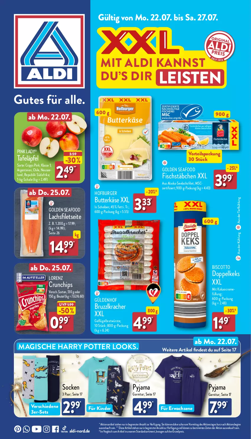 Aktueller Prospekt Aldi Nord - Von Montag - von 22.07 bis 27.07.2024 - strona 1 - produkty: Alaska-Seelachs, Alaska-Seelachsfilet, aldi, aus der tiefkühlung, beutel, biscotto, burger, butter, butterkäse, chips, creme, crunchips, eis, Elan, elle, filet, filets, fisch, fischstäbchen, garnitur, Geflügel, gin, kakao, Käse, keks, Kinder, kracher, lachs, lachsfilet, lachsfilets, lorenz, lorenz crunchips, Pink Lady, Pyjama, reis, Schal, Schale, seelachsfilet, socken, tafeläpfel, teller, Ti, ZTE