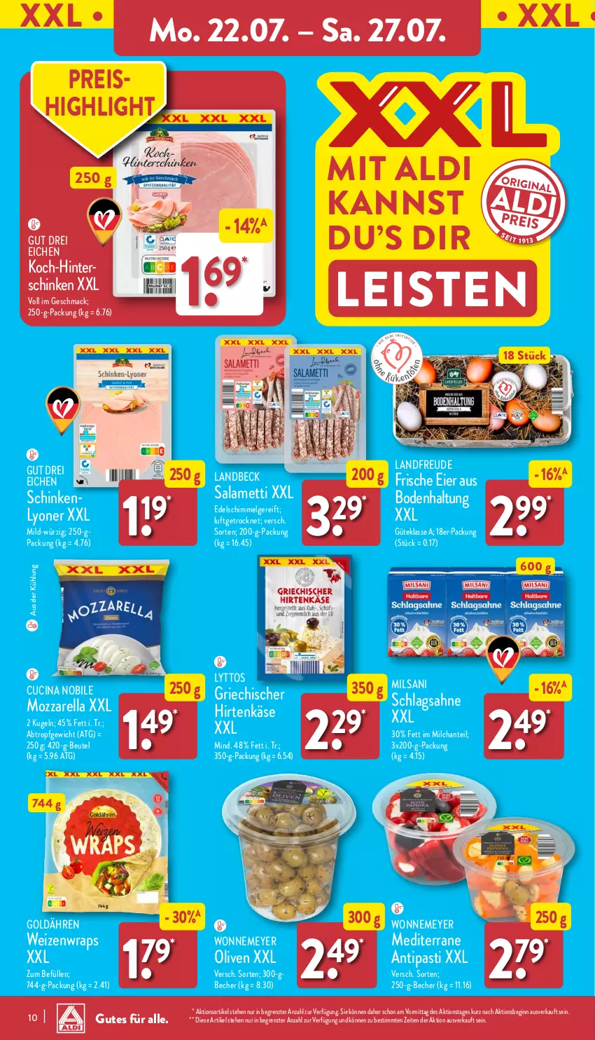 Aktueller Prospekt Aldi Nord - Von Montag - von 22.07 bis 27.07.2024 - strona 10 - produkty: aldi, angebot, angebote, antipasti, asti, Becher, beutel, cin, eier, eis, gin, hinterschinken, hirtenkäse, Käse, Kugel, LG, lyoner, mac, Mett, milch, mozzarella, olive, oliven, reis, rel, sahne, schinken, schlagsahne, Ti, wrap, wraps, Yo, ZTE