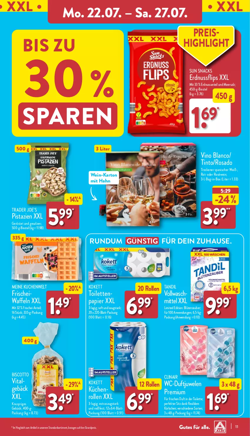 Aktueller Prospekt Aldi Nord - Von Montag - von 22.07 bis 27.07.2024 - strona 11 - produkty: bag-in-box, beutel, biscotto, Blüte, Clin, eis, elle, erdnuss, Körbchen, küche, kuchen, Küchen, küchenrolle, küchenrollen, LG, meersalz, nuss, papier, pistazien, reis, roséwein, salz, SANTE, snack, snacks, Sun Snacks, teller, Ti, toilettenpapier, vita, vollwaschmittel, waffeln, waschmittel, wein