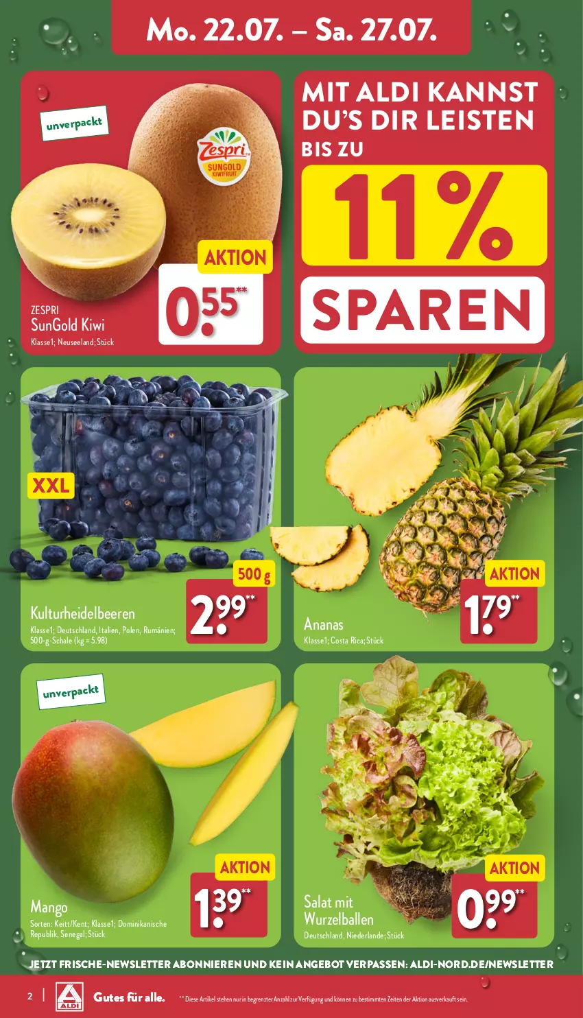 Aktueller Prospekt Aldi Nord - Von Montag - von 22.07 bis 27.07.2024 - strona 2 - produkty: aldi, ananas, angebot, ball, beere, beeren, eis, Elan, heidelbeere, heidelbeeren, kiwi, mango, rum, salat, Schal, Schale, Ti, zespri, ZTE