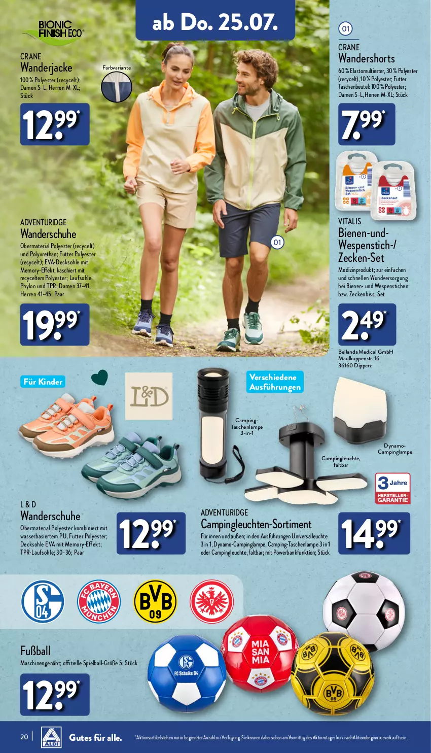 Aktueller Prospekt Aldi Nord - Von Montag - von 22.07 bis 27.07.2024 - strona 20 - produkty: ball, Bank, beutel, decksohle, dip, elle, Fußball, gin, Hylo, Jacke, Kinder, Lampe, Leuchte, leuchten, medizinprodukt, powerbank, Ria, schuhe, shorts, Tasche, taschen, taschenlampe, Ti, vita, vitalis, Wanderjacke, Wanderschuhe, wasser, ZTE