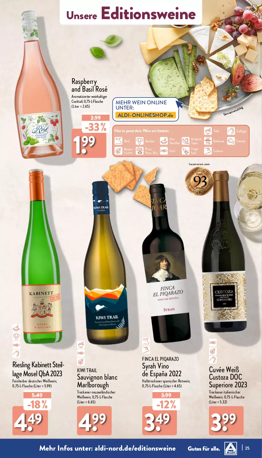 Aktueller Prospekt Aldi Nord - Von Montag - von 22.07 bis 27.07.2024 - strona 25 - produkty: aldi, amaro, antipasti, asti, barbecue, cocktail, cuvée, dessert, eis, fisch, flasche, früchte, Geflügel, kabinett, kiwi, meeresfrüchte, pasta, pizza, raspberry, reis, riesling, rind, rotwein, salat, sauvignon, sauvignon blanc, schwein, Tapas, Ti, wein, weine, Weißwein