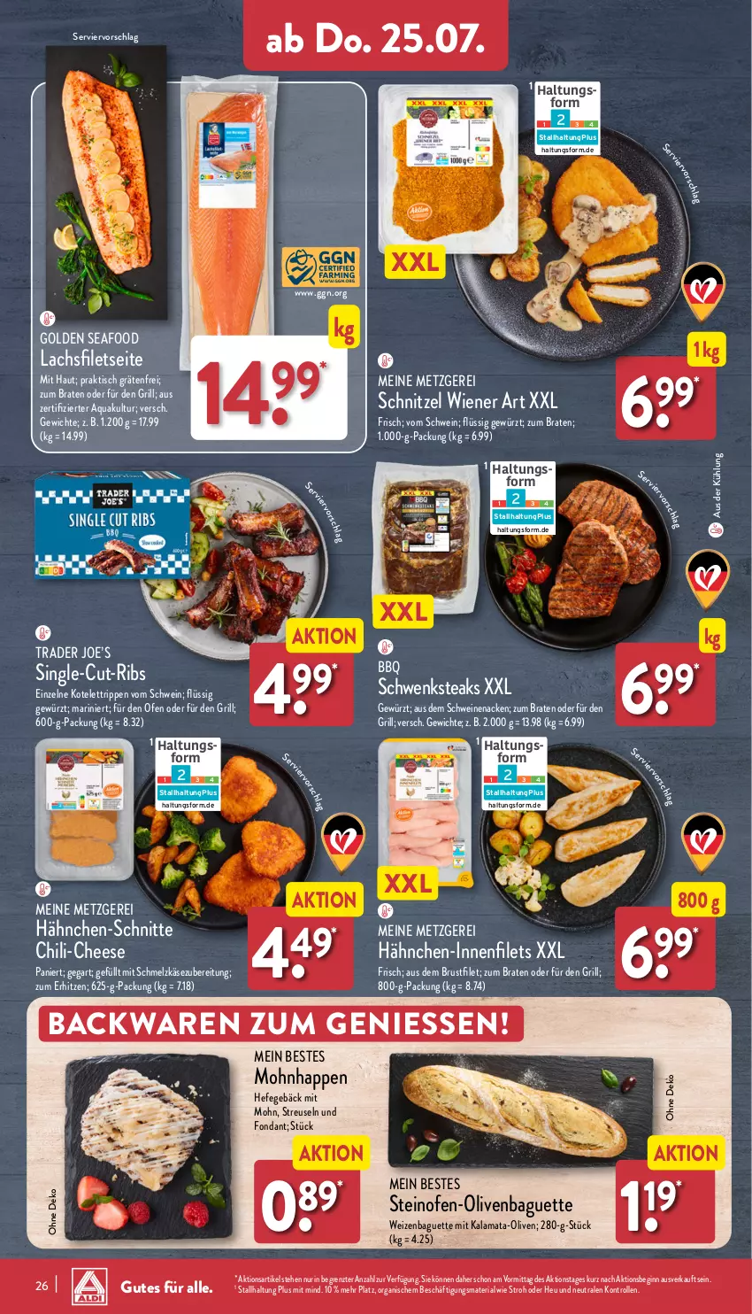 Aktueller Prospekt Aldi Nord - Von Montag - von 22.07 bis 27.07.2024 - strona 26 - produkty: aqua, backwaren, baguette, braten, brustfilet, chili, filet, filets, gewürz, gin, grill, Hähnchen-Innenfilets, Hefe, Heu, Käse, kotelett, lachs, lachsfilet, lachsfilets, Ofen, olive, oliven, Ria, Rippen, Schmelzkäse, schmelzkäsezubereitung, schnitzel, schwein, schweine, schweinenacken, steak, steaks, steinofen, Ti, tisch, wein, weine, wiener, ZTE