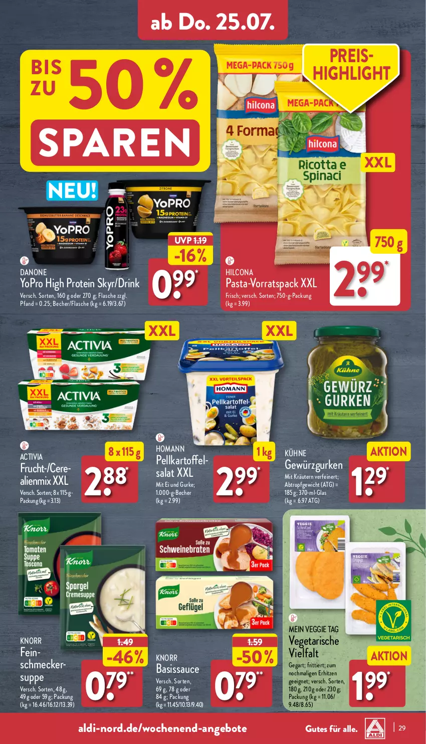 Aktueller Prospekt Aldi Nord - Von Montag - von 22.07 bis 27.07.2024 - strona 29 - produkty: activia, aldi, angebot, angebote, Becher, cerealien, danone, drink, eis, feinschmecker, flasche, frucht, gewürz, Gewürzgurke, gewürzgurken, gurke, gurken, hilcona, homann, kartoffel, kartoffelsalat, knorr, kräuter, kräutern, Kühne, pasta, reis, salat, sauce, Skyr, suppe, Ti, Vegeta, veggie, Yo