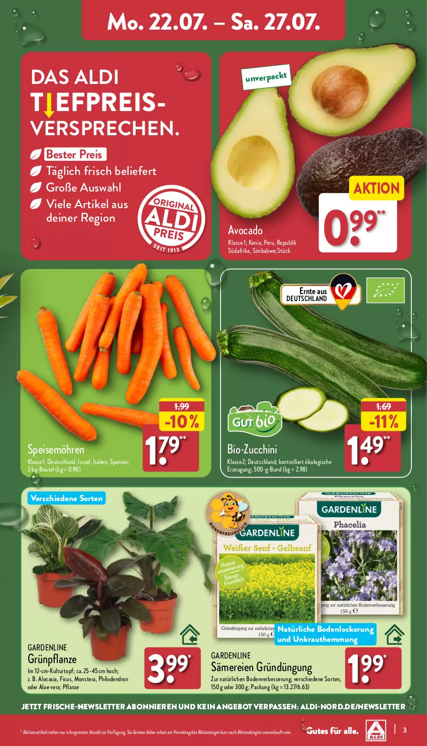 Aktueller Prospekt Aldi Nord - Von Montag - von 22.07 bis 27.07.2024 - strona 3 - produkty: aldi, aloe vera, angebot, avocado, beutel, bio, bio-zucchini, eis, Ficus, gin, Kraut, kulturtopf, möhren, monster, Monstera, pflanze, reis, sim, simba, speisemöhren, Ti, topf, trolli, ZTE, zucchini