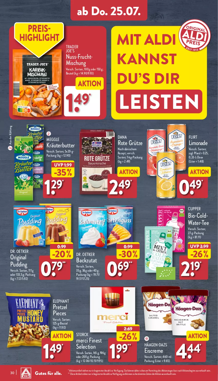 Aktueller Prospekt Aldi Nord - Von Montag - von 22.07 bis 27.07.2024 - strona 30 - produkty: aldi, beutel, bio, butter, creme, Dr. Oetker, eis, eiscreme, frucht, gin, grütze, häagen-dazs, kräuter, kräuterbutter, limo, limonade, meggle, merci, nuss, Pretzel, pudding, reis, rezept, Rote Grütze, storck, tee, Ti, ZTE