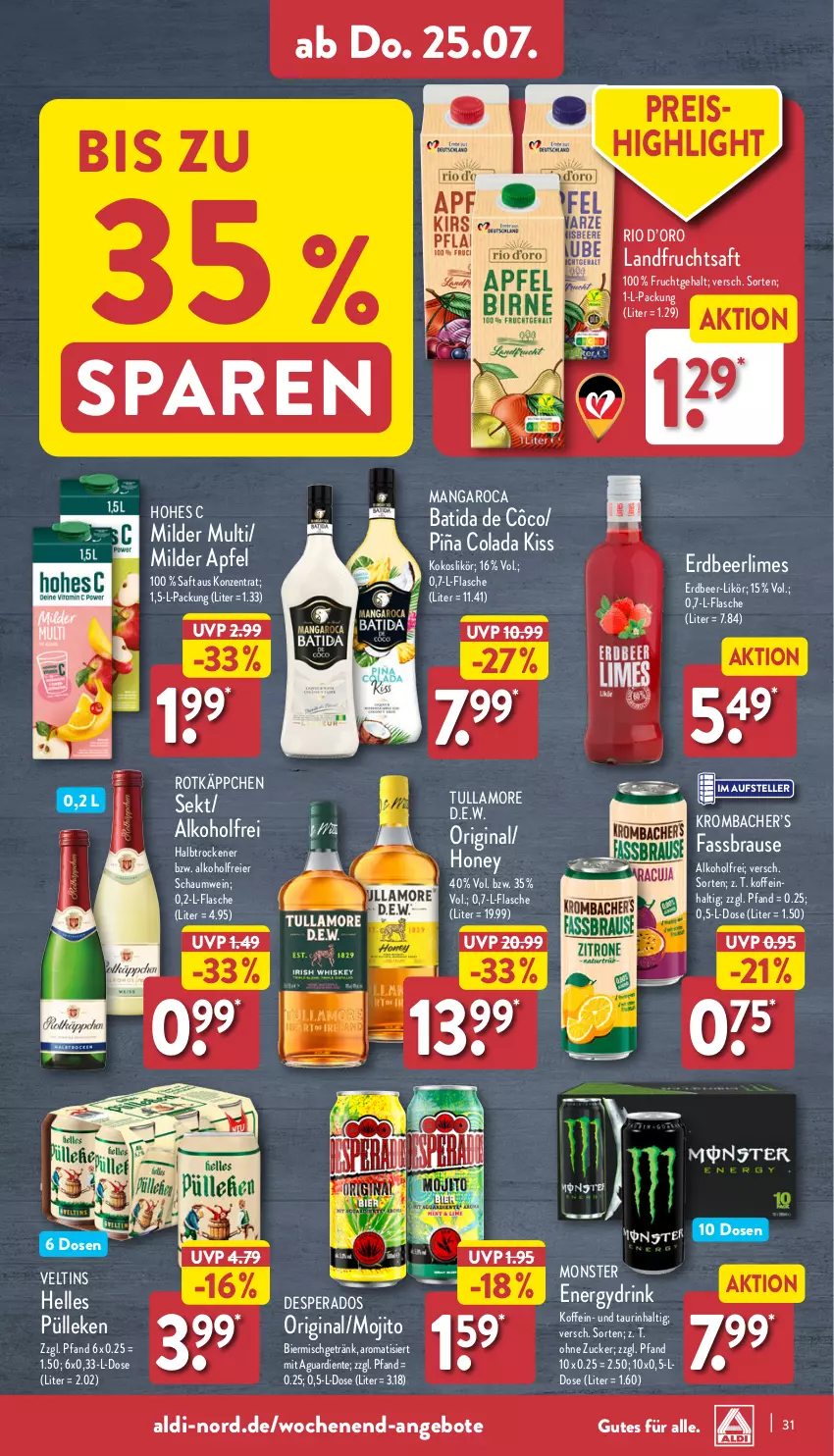 Aktueller Prospekt Aldi Nord - Von Montag - von 22.07 bis 27.07.2024 - strona 31 - produkty: aldi, alkohol, angebot, angebote, apfel, batida, batida de côco, bier, brause, cola, desperados, drink, eier, eis, elle, ente, fassbrause, flasche, frucht, fruchtsaft, getränk, gin, Hohes C, kokos, krombache, krombacher, likör, mangaroca, mojito, monster, Monster Energy, reis, rotkäppchen, saft, sekt, teller, Ti, tullamore, veltins, wein, zucker