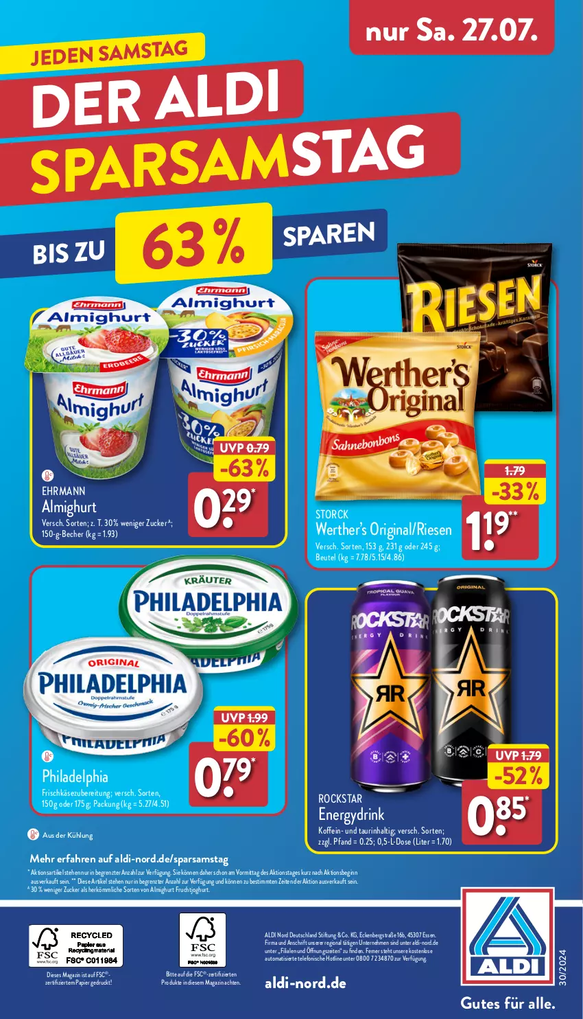 Aktueller Prospekt Aldi Nord - Von Montag - von 22.07 bis 27.07.2024 - strona 37 - produkty: aldi, almighur, almighurt, auto, Becher, beutel, drink, ehrmann, ehrmann almighurt, frischkäse, frischkäsezubereitung, frucht, fruchtjoghurt, gin, joghur, joghurt, Käse, magazin, papier, philadelphia, Rockstar, storck, telefon, Ti, ZTE, zucker