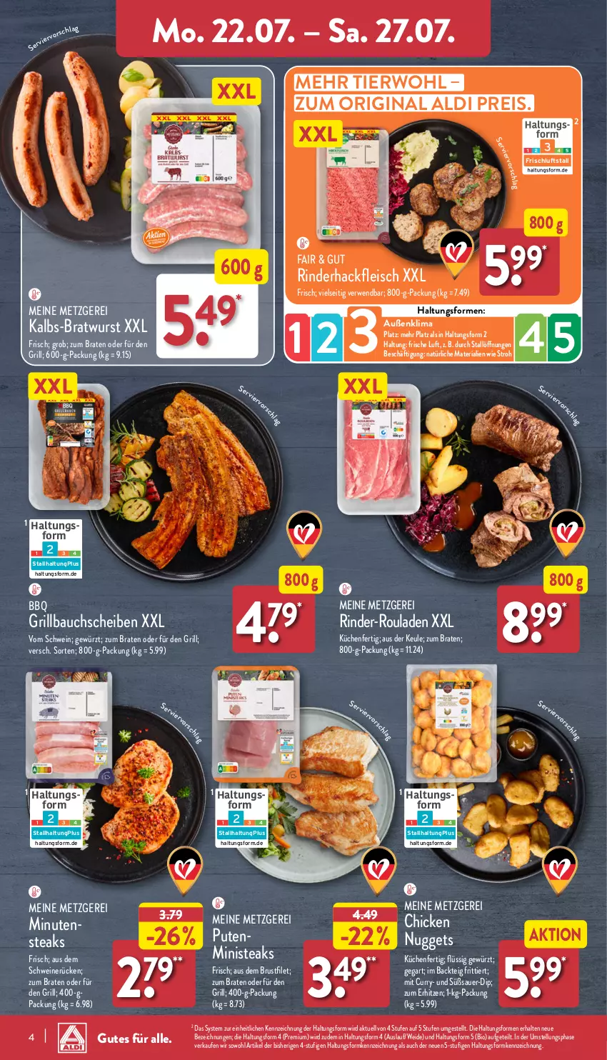 Aktueller Prospekt Aldi Nord - Von Montag - von 22.07 bis 27.07.2024 - strona 4 - produkty: aldi, auer, Bau, bauchscheiben, bio, braten, bratwurst, brustfilet, chicken nuggets, curry, dip, eis, filet, fleisch, gewürz, gin, grill, Grillbauch, hackfleisch, küche, Küchen, minutensteaks, nuggets, pute, reis, Ria, rind, rinder, rinder-rouladen, rinderhackfleisch, rouladen, rwe, schwein, schweine, schweinerücken, steak, steaks, Ti, wein, weine, wurst