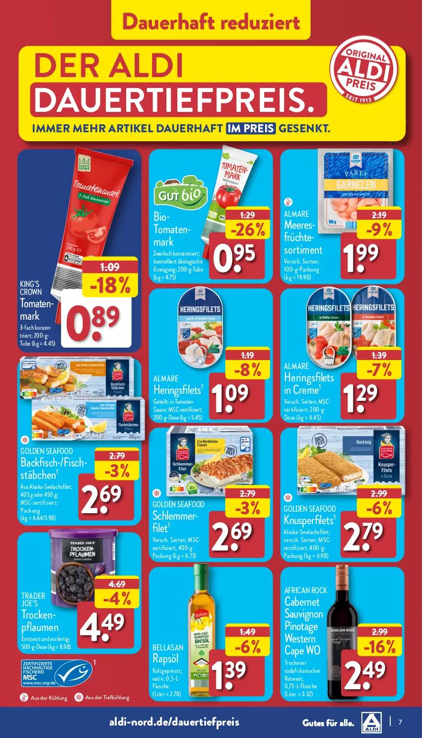 Aktueller Prospekt Aldi Nord - Von Montag - von 22.07 bis 27.07.2024 - strona 7 - produkty: Alaska-Seelachs, Alaska-Seelachsfilet, aldi, almare, auer, aus der tiefkühlung, backfisch, bio, cabernet, cabernet sauvignon, Cap, creme, dauertiefpreis, eis, filet, filets, fisch, fischstäbchen, flasche, früchte, gin, hering, Herings, heringsfilets, Heringsfilets in Creme, lachs, lachsfilet, meeresfrüchte, pflaume, pflaumen, Pinot, rapsöl, reis, ring, rotwein, sauce, sauvignon, schlemmerfilet, seelachsfilet, Ti, tiefpreis, tomate, tomaten, tomatenmark, tomatensauce, trolli, wein, Weste