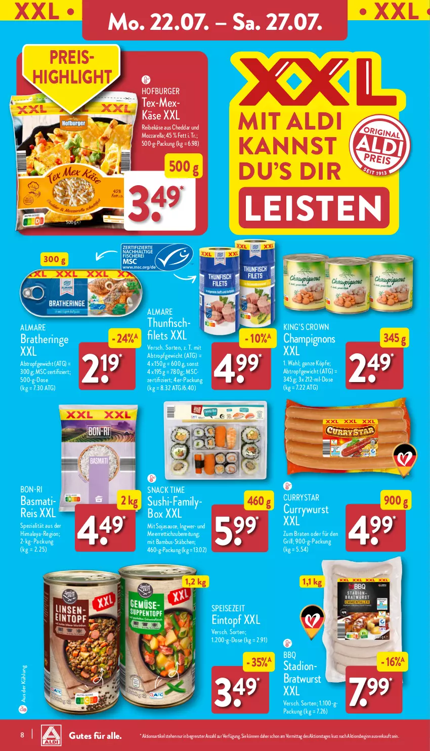 Aktueller Prospekt Aldi Nord - Von Montag - von 22.07 bis 27.07.2024 - strona 8 - produkty: aldi, almare, angebot, angebote, bambus, basmati, braten, Bratheringe, bratwurst, burger, champignon, champignons, cheddar, curry, currywurst, eintopf, eis, filet, filets, fisch, gin, grill, hering, ingwer, Käse, meerrettich, mozzarella, Reibekäse, reis, rel, Rettich, ring, sauce, snack, snack time, soja, sojasauce, Spezi, Sushi, thunfisch, Ti, topf, wurst, ZTE