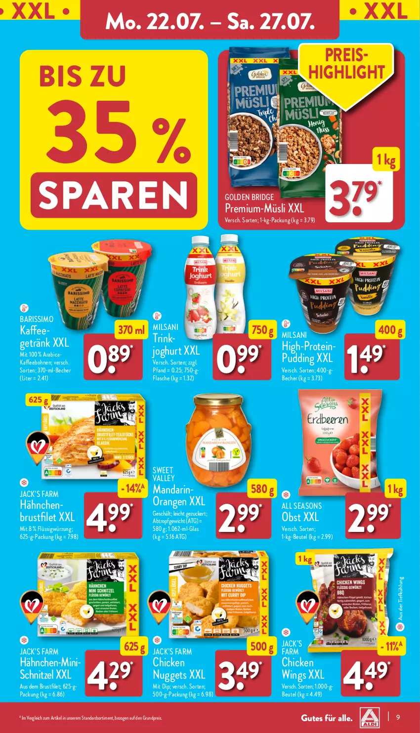 Aktueller Prospekt Aldi Nord - Von Montag - von 22.07 bis 27.07.2024 - strona 9 - produkty: aus der tiefkühlung, Becher, beutel, bohne, bohnen, brustfilet, chicken nuggets, chicken wings, dip, eis, filet, flasche, getränk, gin, hähnchenbrust, hähnchenbrustfilet, joghur, joghurt, kaffee, kaffeebohnen, müsli, nuggets, obst, orange, orangen, pudding, reis, schnitzel, sim, Ti, ZTE, zucker