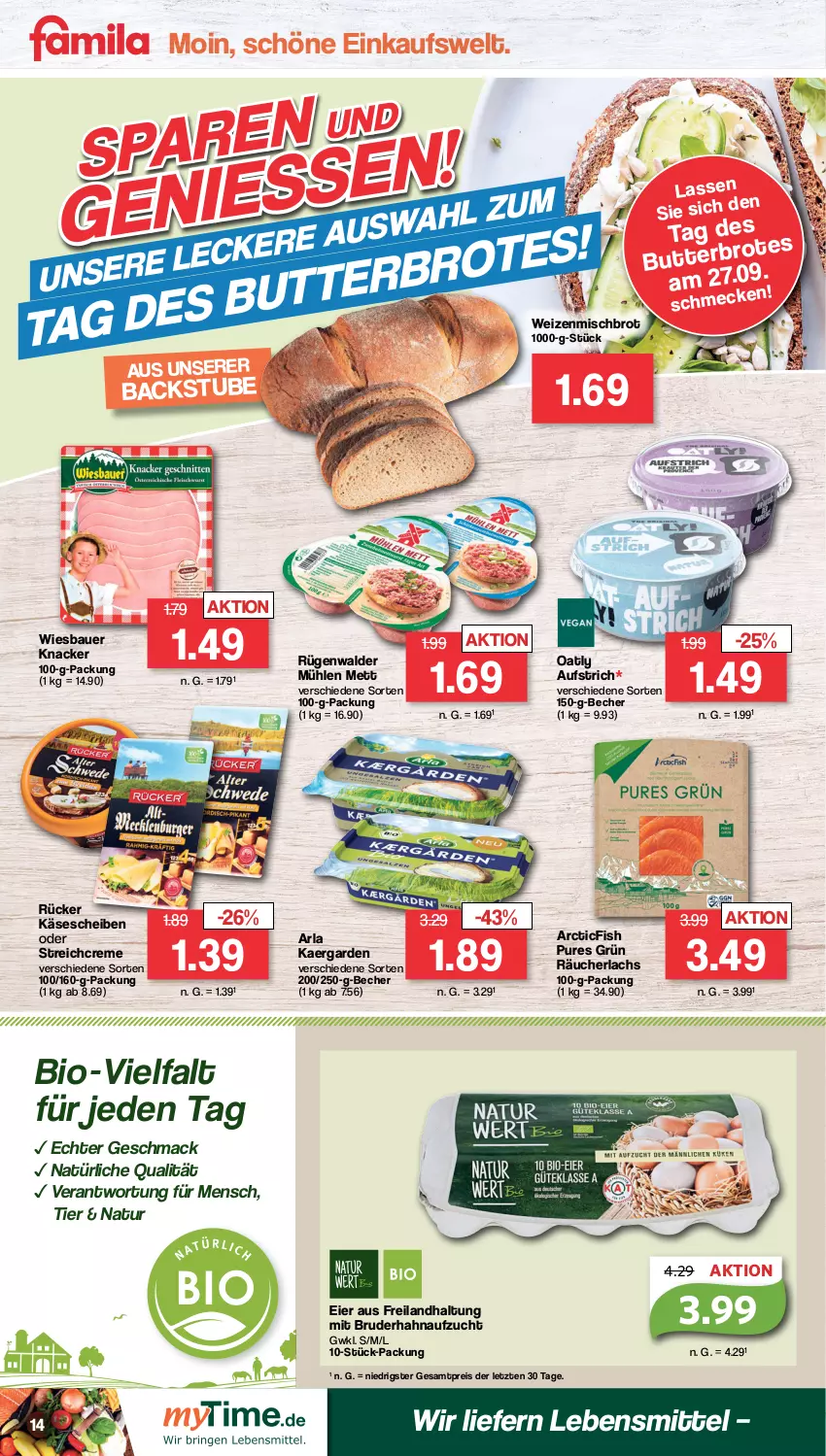 Aktueller Prospekt Famila - Prospekte - von 26.09 bis 01.10.2022 - strona 14 - produkty: arla, auer, aufstrich, Bau, Bauer, Becher, bio, brot, creme, eier, eis, Käse, käsescheiben, knacker, lachs, lebensmittel, mac, Mett, natur, Räucherlachs, reis, rügenwalder, rügenwalder mühle, stube, Ti, weizenmischbrot, wiesbauer, ZTE