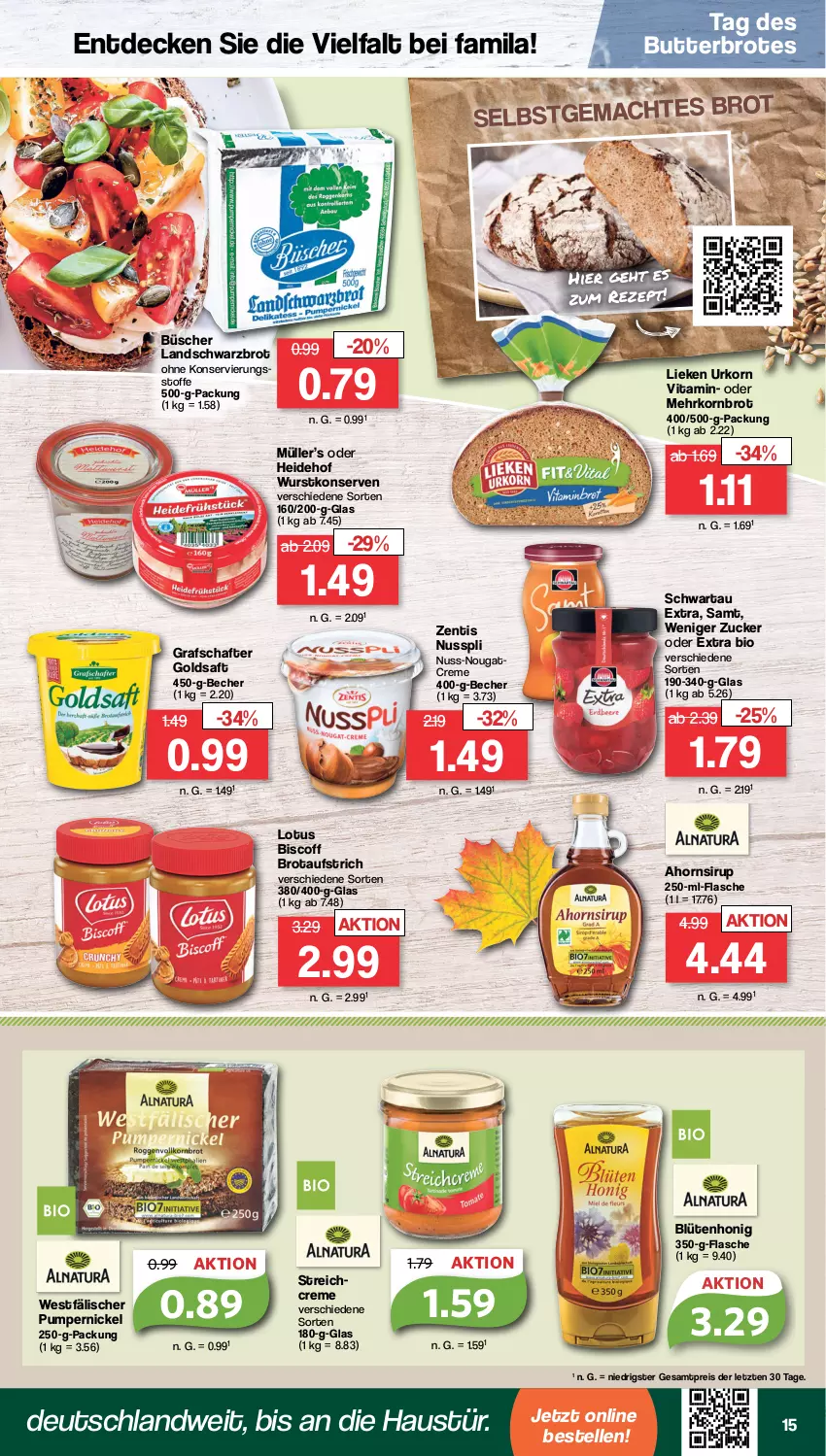 Aktueller Prospekt Famila - Prospekte - von 26.09 bis 01.10.2022 - strona 15 - produkty: aufstrich, aust, Becher, bio, biscoff, Blüte, blütenhonig, brot, brotaufstrich, butter, creme, decke, eis, elle, flasche, goldsaft, grafschafter, honig, Konserven, korn, Kornbrot, lieken, mac, Müller, Nougatcreme, nuss, nusspli, Pumpernickel, reis, rezept, saft, Schwartau, Schwarzbrot, sirup, Ti, urkorn, vita, wurst, wurstkonserven, zentis, ZTE, zucker