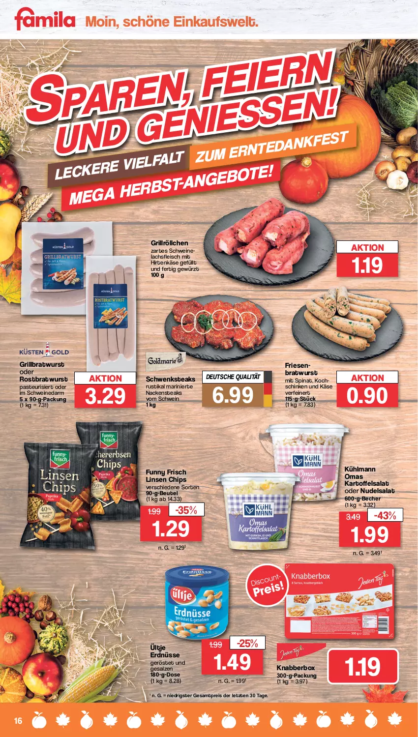 Aktueller Prospekt Famila - Prospekte - von 26.09 bis 01.10.2022 - strona 16 - produkty: Becher, beutel, bratwurst, chips, eis, erdnüsse, fleisch, Funny Frisch, gewürz, grill, grillbratwurst, hirtenkäse, kartoffel, kartoffelsalat, Käse, kühlmann, lachs, linsen, Nackensteak, nackensteaks, nudel, nudelsalat, reis, rostbratwurst, salat, salz, schinken, schwein, schweine, spinat, steak, steaks, Ti, ültje, ültje erdnüsse, wein, weine, wurst, ZTE