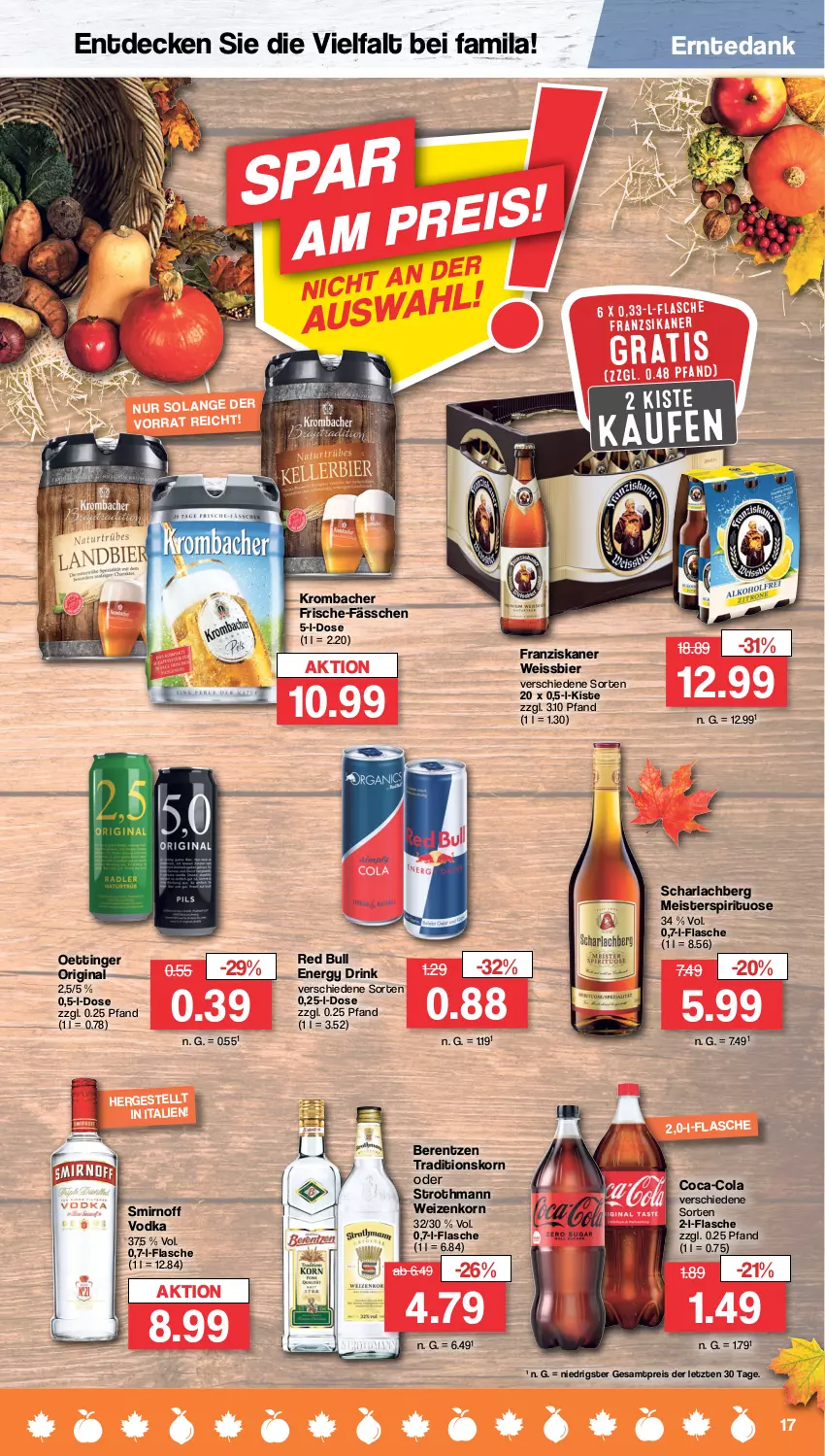 Aktueller Prospekt Famila - Prospekte - von 26.09 bis 01.10.2022 - strona 17 - produkty: arla, berentzen, bier, coca-cola, cola, decke, drink, eis, energy drink, flasche, franziskaner, gin, korn, krombache, krombacher, Meister, oettinger, red bull, reis, smirnoff, Ti, vodka, weissbier, weizenkorn, ZTE