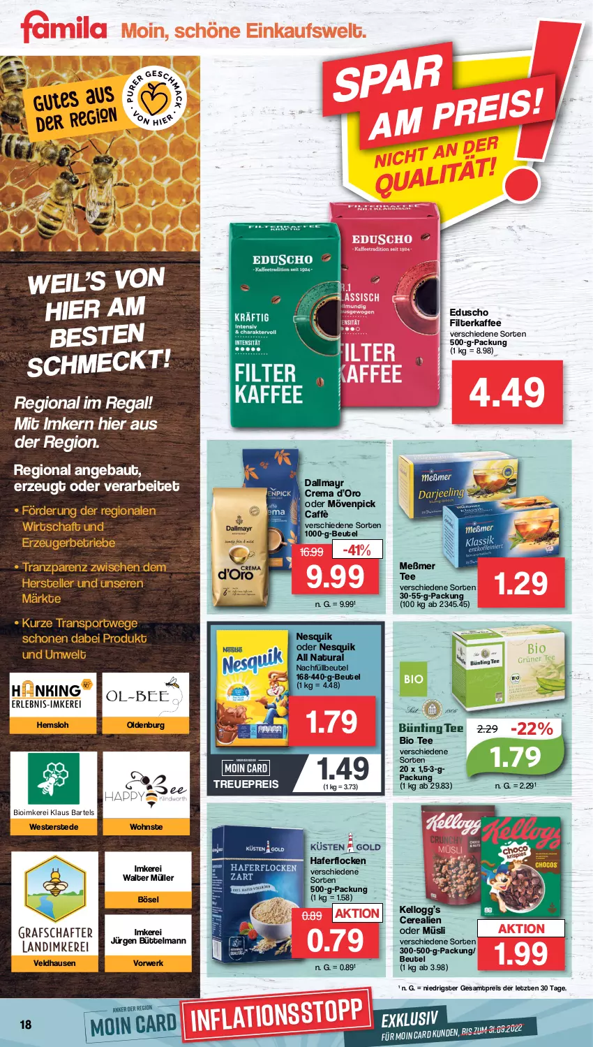 Aktueller Prospekt Famila - Prospekte - von 26.09 bis 01.10.2022 - strona 18 - produkty: Bau, beutel, bio, cerealien, cerealien oder müsli, dallmayr, eduscho, eis, elle, filterkaffee, hafer, haferflocken, kaffee, Meßmer, mövenpick, Müller, müsli, natur, natura, nesquik, regal, reis, rwe, Sport, tee, teller, Ti, Weste, ZTE