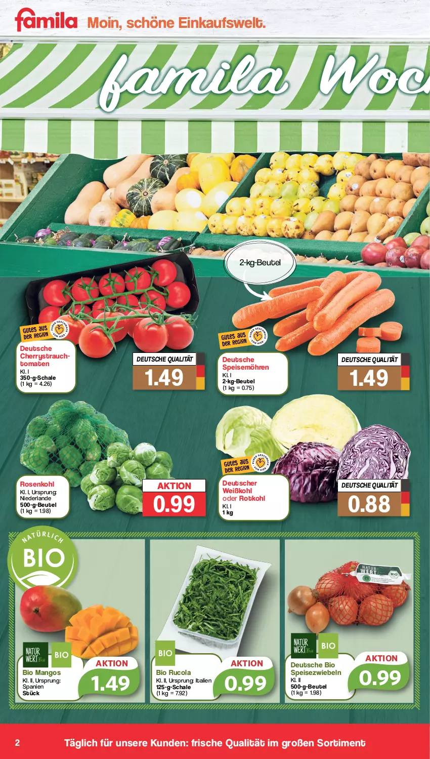 Aktueller Prospekt Famila - Prospekte - von 26.09 bis 01.10.2022 - strona 2 - produkty: beutel, bio, cola, eis, mango, mangos, möhren, Rauch, rosen, Rosenkohl, rotkohl, rucola, Schal, Schale, speisemöhren, Speisezwiebeln, Ti, tomate, tomaten, Weißkohl, zwiebel, zwiebeln