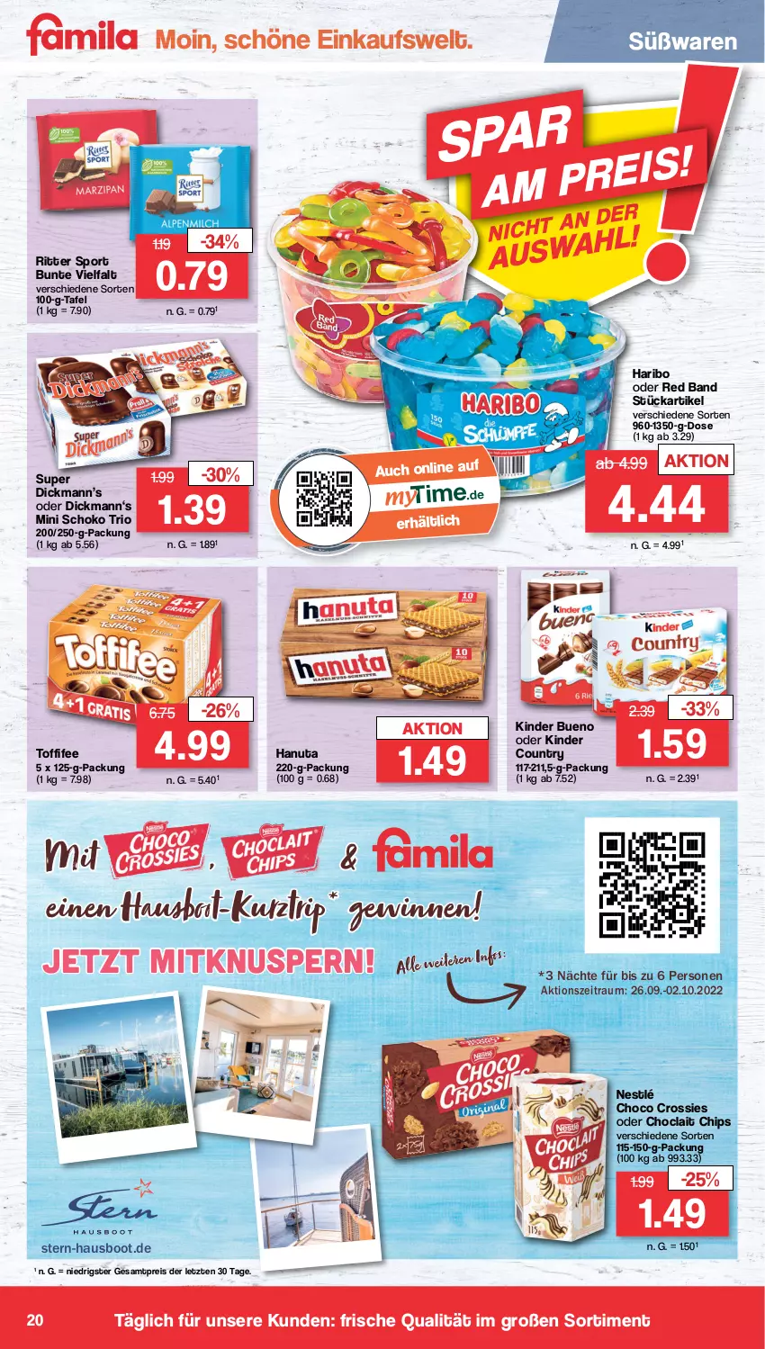 Aktueller Prospekt Famila - Prospekte - von 26.09 bis 01.10.2022 - strona 20 - produkty: chips, choclait chips, choco crossies, crossies, eis, hanuta, haribo, Kinder, kinder bueno, kinder country, nestlé, reis, ritter, ritter sport, schoko, Sport, Ti, toffifee, usb, ZTE