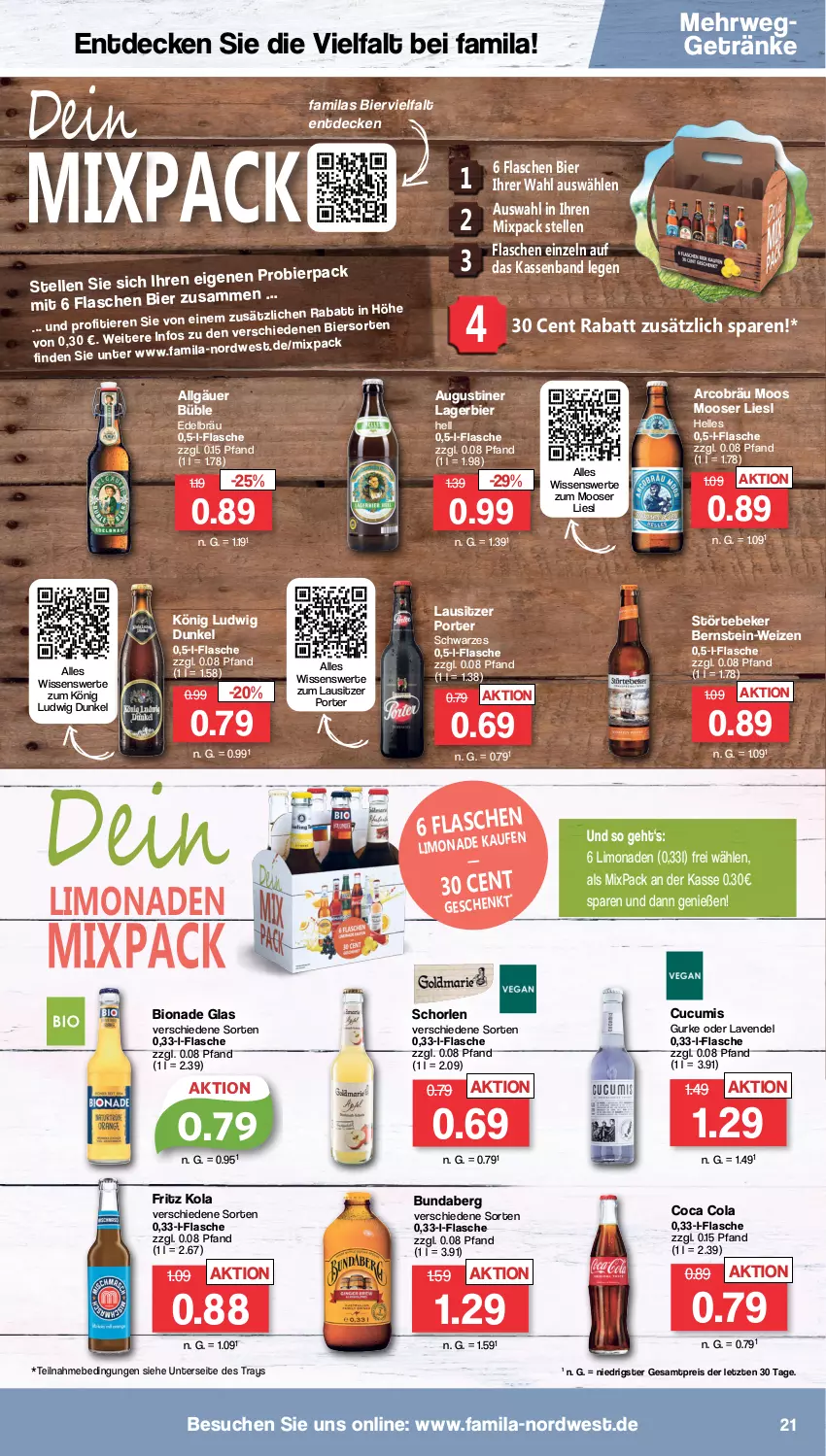 Aktueller Prospekt Famila - Prospekte - von 26.09 bis 01.10.2022 - strona 21 - produkty: bier, bio, bionade, Bundaberg, cola, decke, eis, elle, flasche, fritz, getränk, getränke, gurke, Lagerbier, lavendel, LG, limo, limonade, limonaden, reis, rwe, schorle, störtebeker, Ti, ZTE