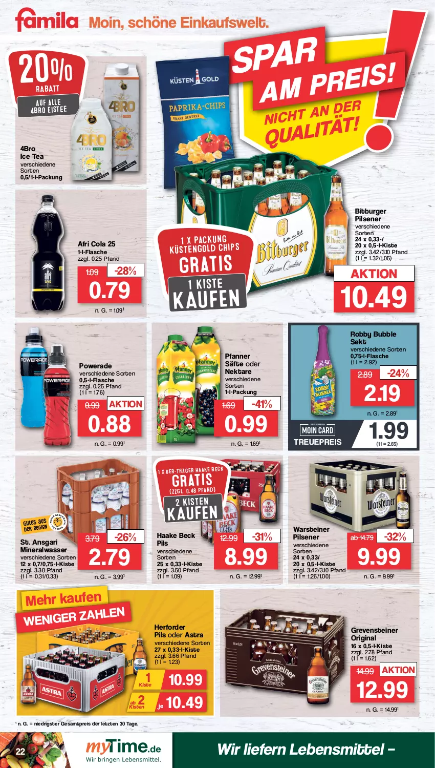 Aktueller Prospekt Famila - Prospekte - von 26.09 bis 01.10.2022 - strona 22 - produkty: Afri Cola, Alwa, Astra, bitburger, bitburger pils, burger, chips, cola, eis, eistee, flasche, gin, grevensteiner, ice tea, küstengold, lebensmittel, mineralwasser, Nektar, pfanne, Pfanner, pils, pilsener, reis, robby, säfte, sekt, steiner, tee, Ti, warsteiner, wasser, ZTE