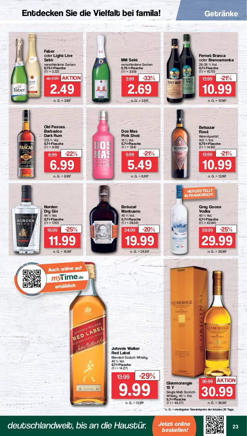 Aktueller Prospekt Famila - Prospekte - von 26.09 bis 01.10.2022 - strona 23 - produkty: aperitif, aust, Bad, Belsazar, blended scotch, blended scotch whisky, decke, Dos Mas, dry gin, eis, elle, Fernet, fernet branca, flasche, getränk, getränke, gin, johnnie walker, reis, rum, scotch, scotch whisky, sekt, single malt, Ti, tuc, vodka, wein, whisky, ZTE