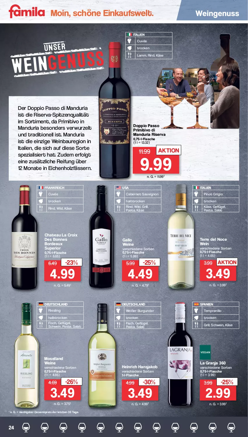 Aktueller Prospekt Famila - Prospekte - von 26.09 bis 01.10.2022 - strona 24 - produkty: Bau, burgunder, cabernet, cabernet sauvignon, chateau, cuvée, doppio passo, eis, fisch, flasche, gallo, Geflügel, grill, Holz, jako, Käse, lamm, LG, moselland, nuss, passo, pasta, Pinot, pinot grigio, primitivo, reis, Ria, riesling, rind, riserva, salat, sauvignon, schwein, Spezi, spitzenqualität, tempranillo, Ti, wein, weine, Wild, Zelt, ZTE