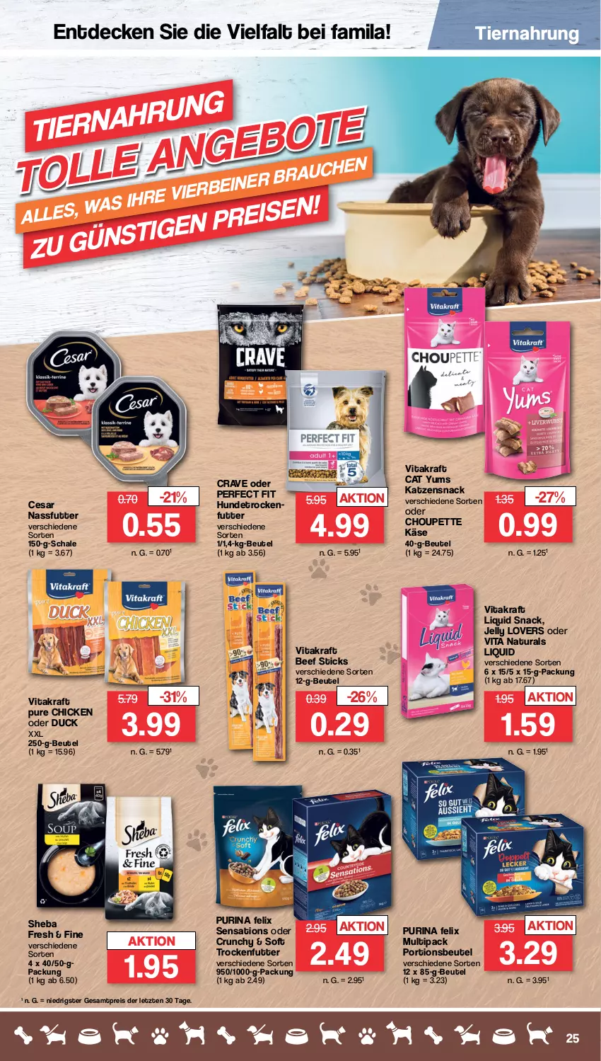 Aktueller Prospekt Famila - Prospekte - von 26.09 bis 01.10.2022 - strona 25 - produkty: beef, beutel, decke, Duck, eis, felix, Käse, katzensnack, kraft, nassfutter, natur, natura, Perfect Fit, portionsbeutel, purina, reis, Schal, Schale, sensations, sheba, snack, Ti, tiernahrung, trockenfutter, vita, vitakraft, ZTE