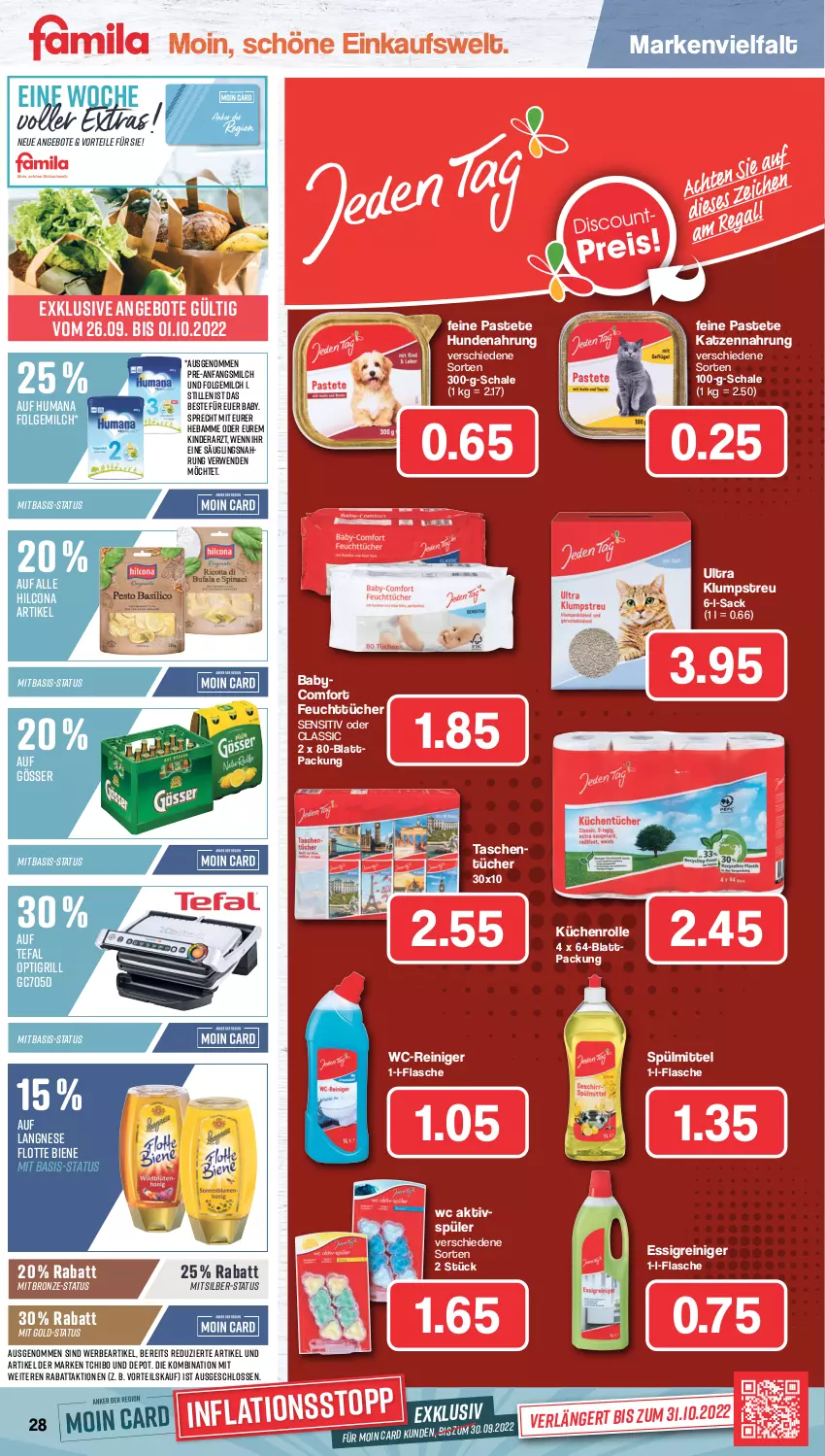 Aktueller Prospekt Famila - Prospekte - von 26.09 bis 01.10.2022 - strona 28 - produkty: angebot, angebote, essig, feuchttücher, flasche, folgemilch, gösser, grill, hilcona, hundenahrung, katzennahrung, Kinder, klumpstreu, küche, Küchen, küchenrolle, langnese, LG, milch, pastete, reiniger, rwe, sac, Schal, Schale, spülmittel, Tasche, taschen, taschentücher, Tchibo, tefal, Ti, tücher, wc-reiniger