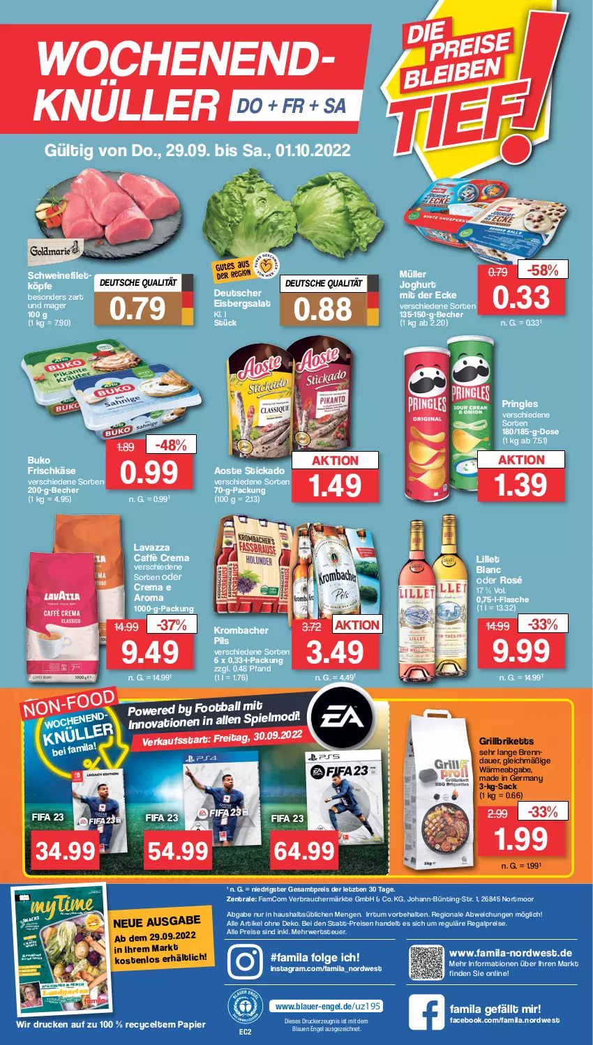 Aktueller Prospekt Famila - Prospekte - von 26.09 bis 01.10.2022 - strona 36 - produkty: aoste stickado, auer, ball, Becher, briketts, Buko, caffè crema, drucker, eis, eisbergsalat, Engel, filet, flasche, frischkäse, Garten, Germ, grill, grillbriketts, joghur, joghurt, joghurt mit der ecke, kartoffel, kartoffeln, Käse, kerze, krombache, krombacher, krombacher pils, lavazza, LG, lillet, magazin, Müller, ndk, nuss, papier, pils, pringles, Rauch, regal, reis, ring, rwe, sac, salat, schwein, schweine, schweinefilet, snack, snacks, stickado, Ti, wein, weine, ZTE