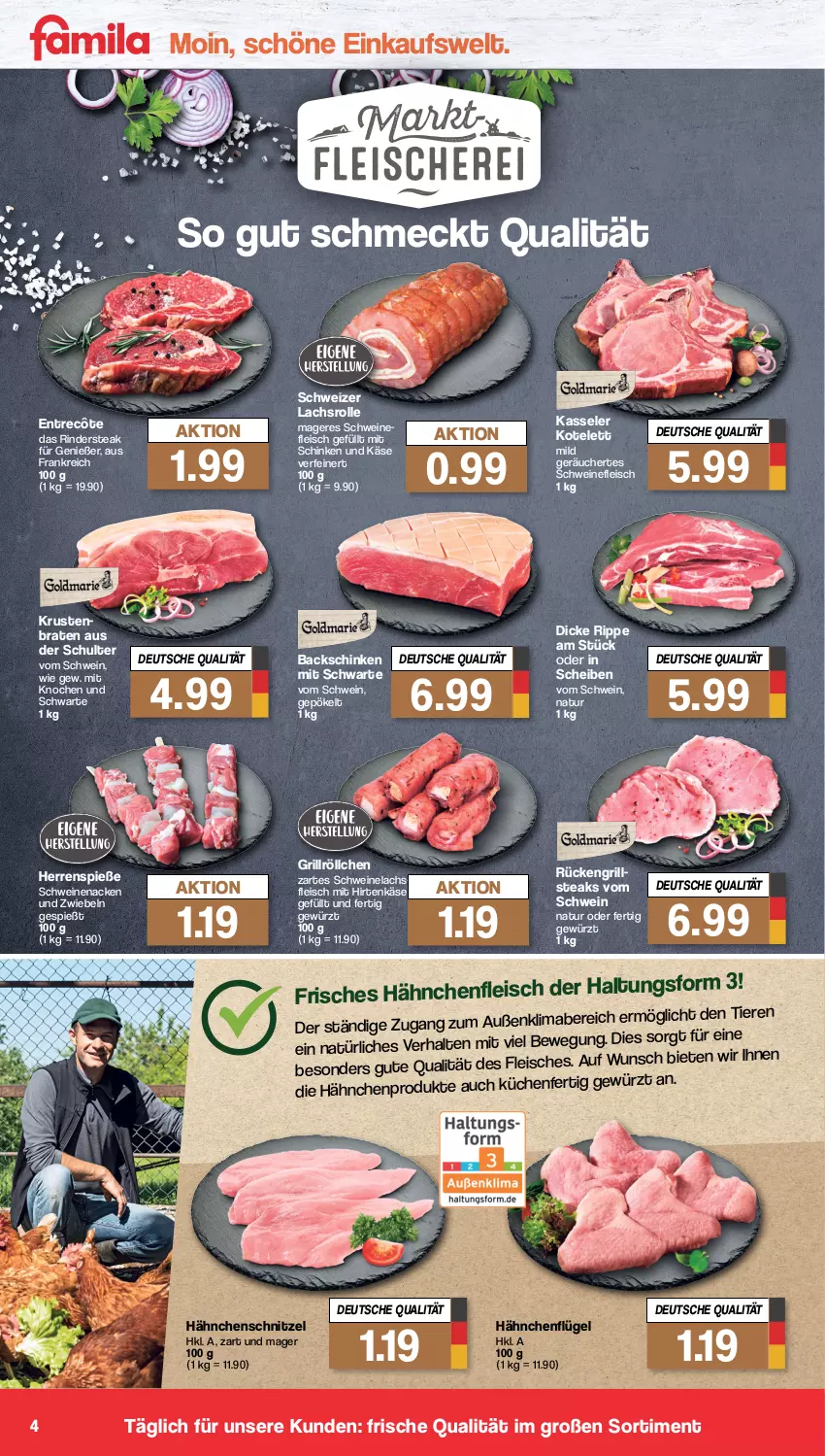 Aktueller Prospekt Famila - Prospekte - von 26.09 bis 01.10.2022 - strona 4 - produkty: braten, eis, entrecôte, fleisch, gewürz, grill, Hähnchenfleisch, hähnchenflügel, Hähnchenschnitzel, hirtenkäse, Käse, kasseler, kotelett, küche, Küchen, lachs, Lachsrolle, natur, rind, rinder, Rindersteak, schinken, schnitzel, schwein, schweine, schweinefleisch, Schweinelachs, schweinenacken, steak, steaks, Ti, Tiere, wein, weine, zwiebel, zwiebeln