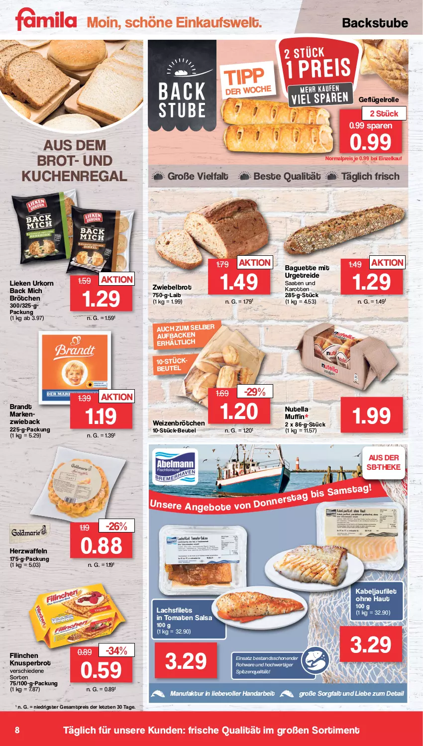 Aktueller Prospekt Famila - Prospekte - von 26.09 bis 01.10.2022 - strona 8 - produkty: baguette, beutel, brandt, brot, brötchen, eis, Faktu, filet, filets, Geflügel, kabeljaufilet, karotten, korn, kuchen, lachs, lachsfilet, lachsfilets, lieken, Muffin, nutella, regal, reis, Salsa, spitzenqualität, stube, Ti, tomate, tomaten, urkorn, waffeln, weizenbrötchen, ZTE, zwiebel