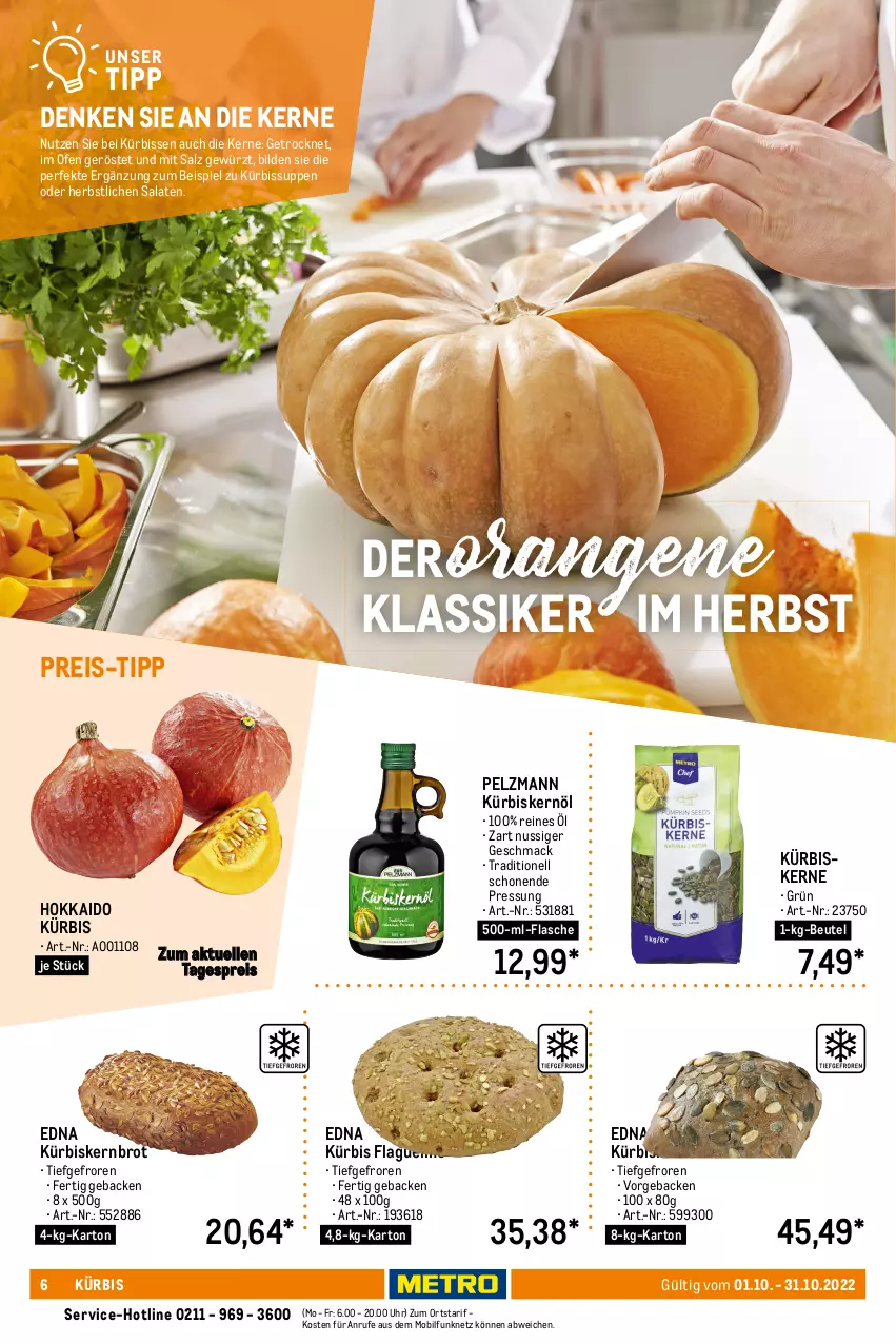 Aktueller Prospekt Metro - Lieferservice Aktuell - von 01.10 bis 31.10.2022 - strona 6 - produkty: beutel, brot, brötchen, butter, eis, elle, Falafel, flasche, geback, gewürz, haselnuss, honig, Kürbis, Kürbiskernbrötchen, kürbiskerne, Kürbiskernöl, leine, lieferservice, mac, messer, Metro, nuss, Ofen, orange, orangen, paprika, reis, rwe, salat, salate, salz, Schal, Schale, suppe, suppen, Ti, uhr, vita, würfel