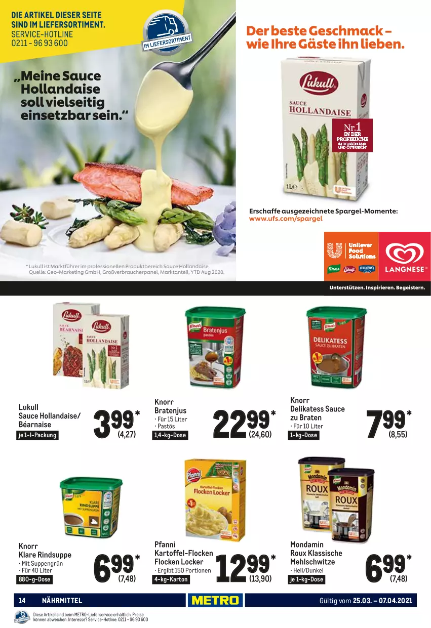 Aktueller Prospekt Metro - GastroJournal - von 25.03 bis 07.04.2021 - strona 14 - produkty: braten, delikatess sauce, eis, hollandaise, kartoffel, knorr, lieferservice, lukull, mehl, Metro, mondamin, pfanni, reis, rind, sauce, sauce hollandaise, suppe, suppen, Ti