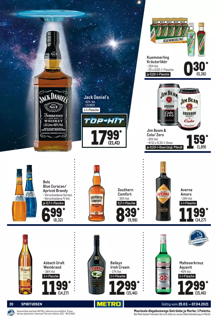 Aktueller Prospekt Metro - GastroJournal - von 25.03 bis 07.04.2021 - strona 20 - produkty: amaro, aqua, aquavit, asbach uralt, averna, baileys, cola, eis, flasche, getränk, getränke, irish cream, jack daniel, jim beam, kräuter, kräuterlikör, kuemmerling, lieferservice, likör, malteser, merl, Metro, Palette, reis, Southern Comfort, spirituosen, Ti, wein, weinbrand