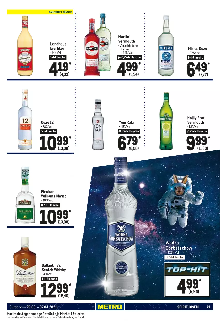 Aktueller Prospekt Metro - GastroJournal - von 25.03 bis 07.04.2021 - strona 21 - produkty: ball, eier, eierlikör, flasche, getränk, getränke, Gorbatschow, likör, martini, ouzo, ouzo 12, Palette, pircher, scotch, scotch whisky, spirituosen, Ti, Vermouth, whisky, wodka, yeni raki