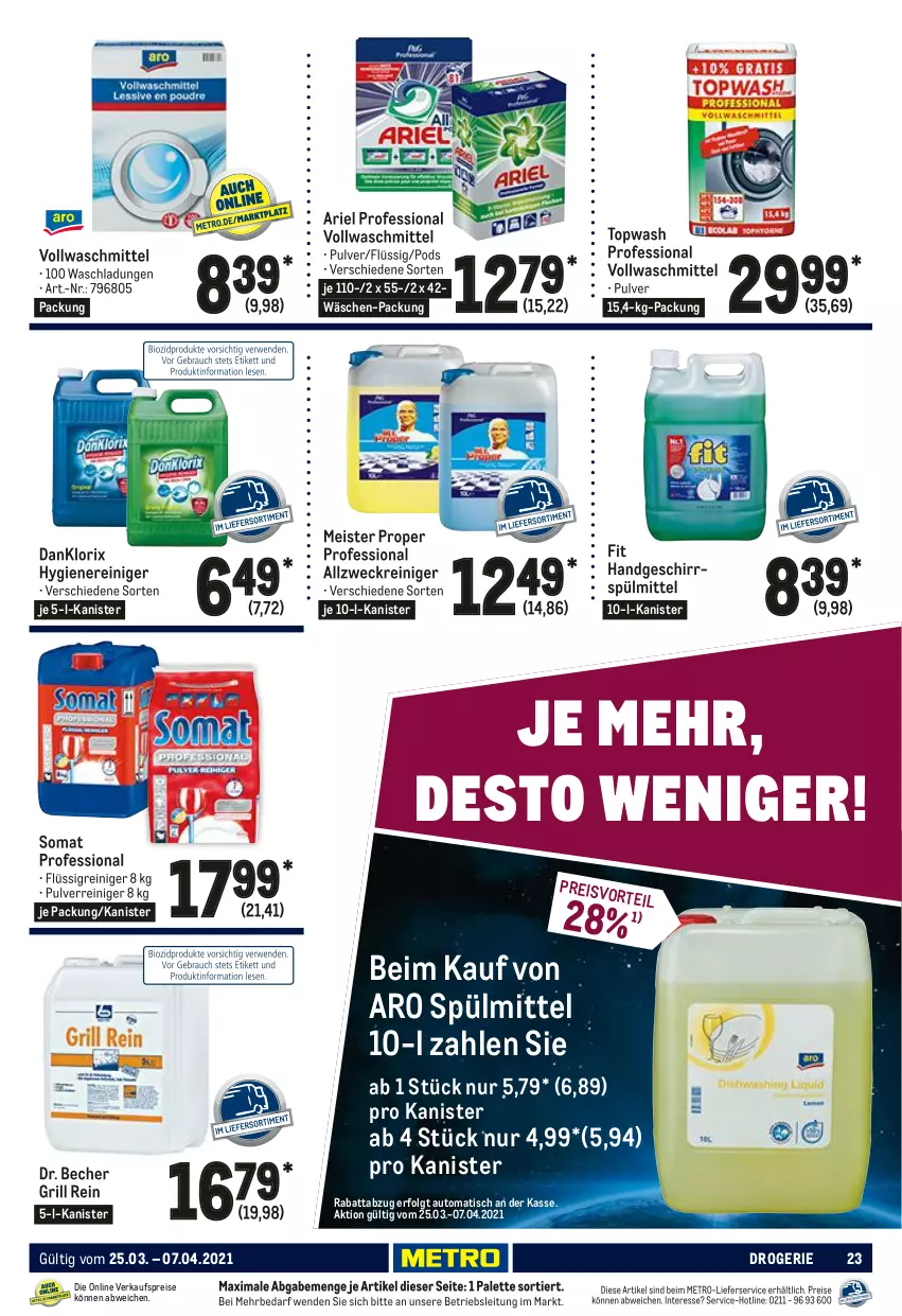 Aktueller Prospekt Metro - GastroJournal - von 25.03 bis 07.04.2021 - strona 23 - produkty: allzweckreiniger, ariel, auto, Becher, danklorix, eis, geschirr, geschirrspülmittel, grill, LG, lieferservice, Meister, meister proper, Metro, Palette, Pods, reiniger, reis, somat, spülmittel, Ti, tisch, vollwaschmittel, waschmittel, weck