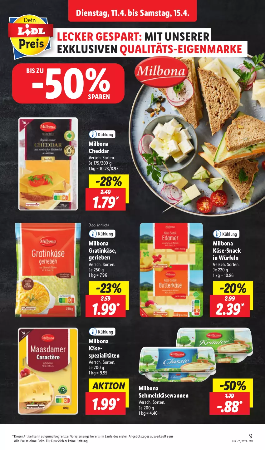 Aktueller Prospekt Lidl - Aktionsprospekt - von 11.04 bis 15.04.2023 - strona 11 - produkty: angebot, Bona, cheddar, eis, Käse, Milbona, reis, Schmelzkäse, snack, Spezi, Ti, Wanne, würfel, ZTE