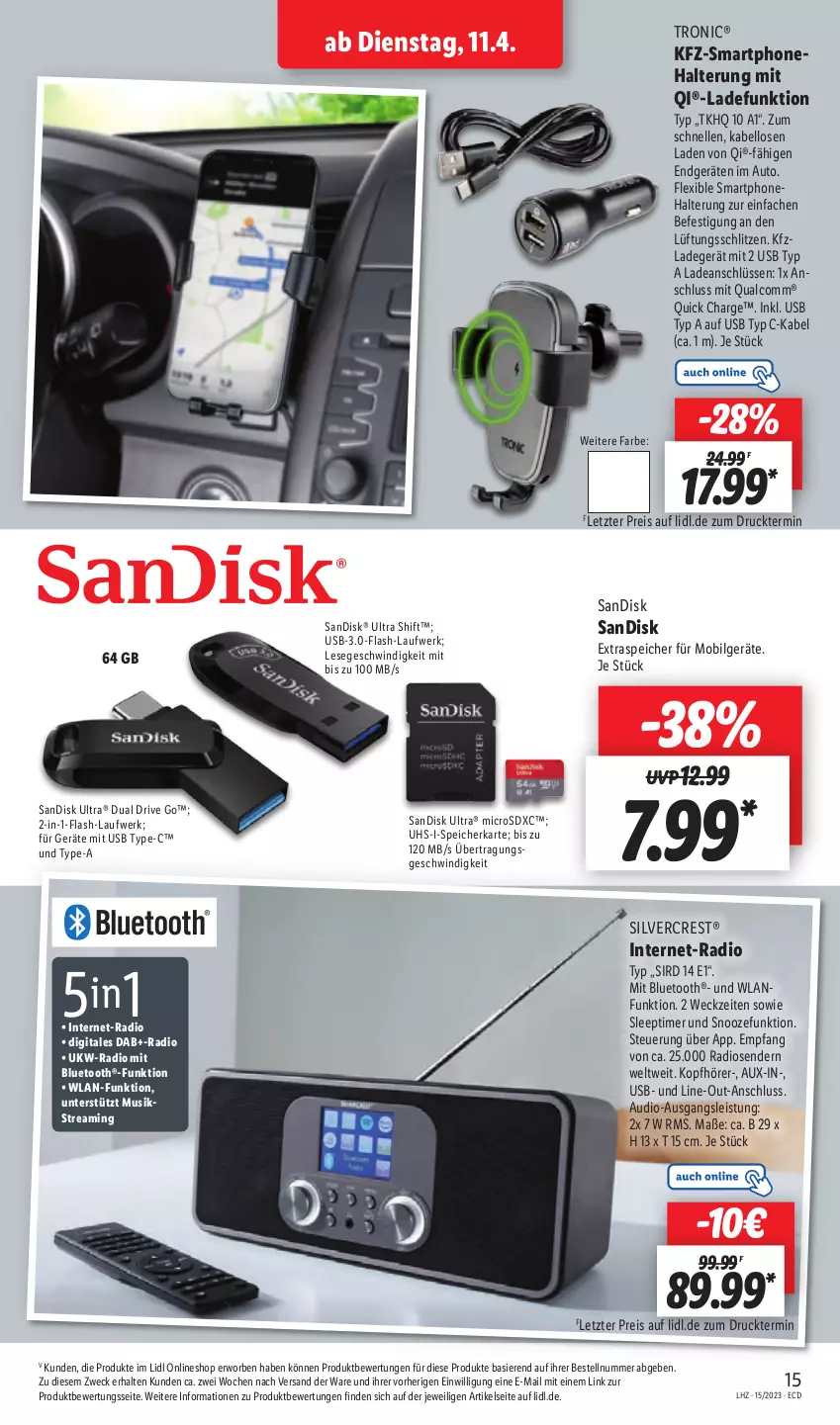 Aktueller Prospekt Lidl - Aktionsprospekt - von 11.04 bis 15.04.2023 - strona 19 - produkty: auto, eis, elle, kopfhörer, ladegerät, LG, microsd, microsdxc, Radio, reis, sandisk, silvercrest, smartphone, speicherkarte, Ti, timer, usb, weck, ZTE