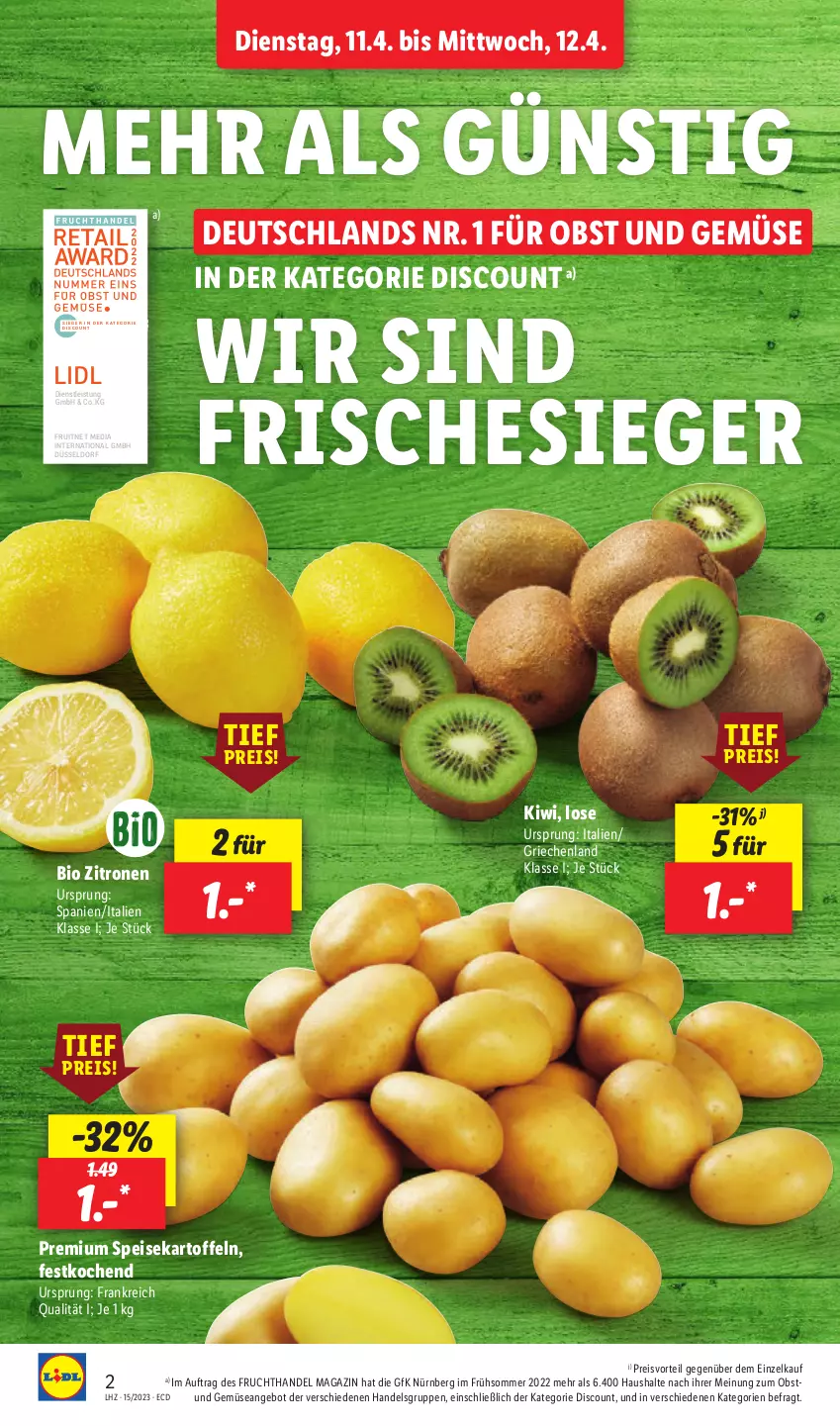 Aktueller Prospekt Lidl - Aktionsprospekt - von 11.04 bis 15.04.2023 - strona 2 - produkty: angebot, bio, discount, eis, ente, frucht, kartoffel, kartoffeln, kiwi, magazin, obst, Obst und Gemüse, preisvorteil, reis, speisekartoffeln, Ti, und gemüse, zitrone, zitronen