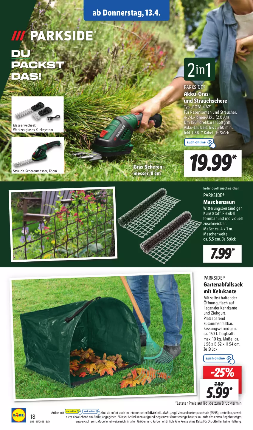 Aktueller Prospekt Lidl - Aktionsprospekt - von 11.04 bis 15.04.2023 - strona 22 - produkty: akku, angebot, dell, eis, elle, Garten, kraft, Liege, messer, Mode, ndk, Parkside, rasen, Rauch, reis, rwe, sac, Schal, Schale, Schere, Strauchschere, tender, Ti, usb, werkzeug, ZTE