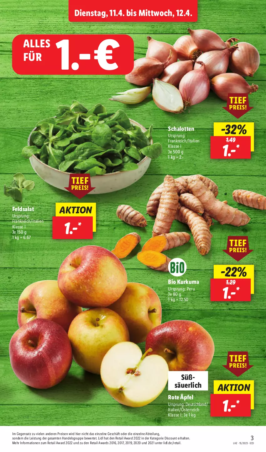 Aktueller Prospekt Lidl - Aktionsprospekt - von 11.04 bis 15.04.2023 - strona 3 - produkty: Abtei, bio, discount, eis, feldsalat, reis, salat, Schal, Schalotte, Ti