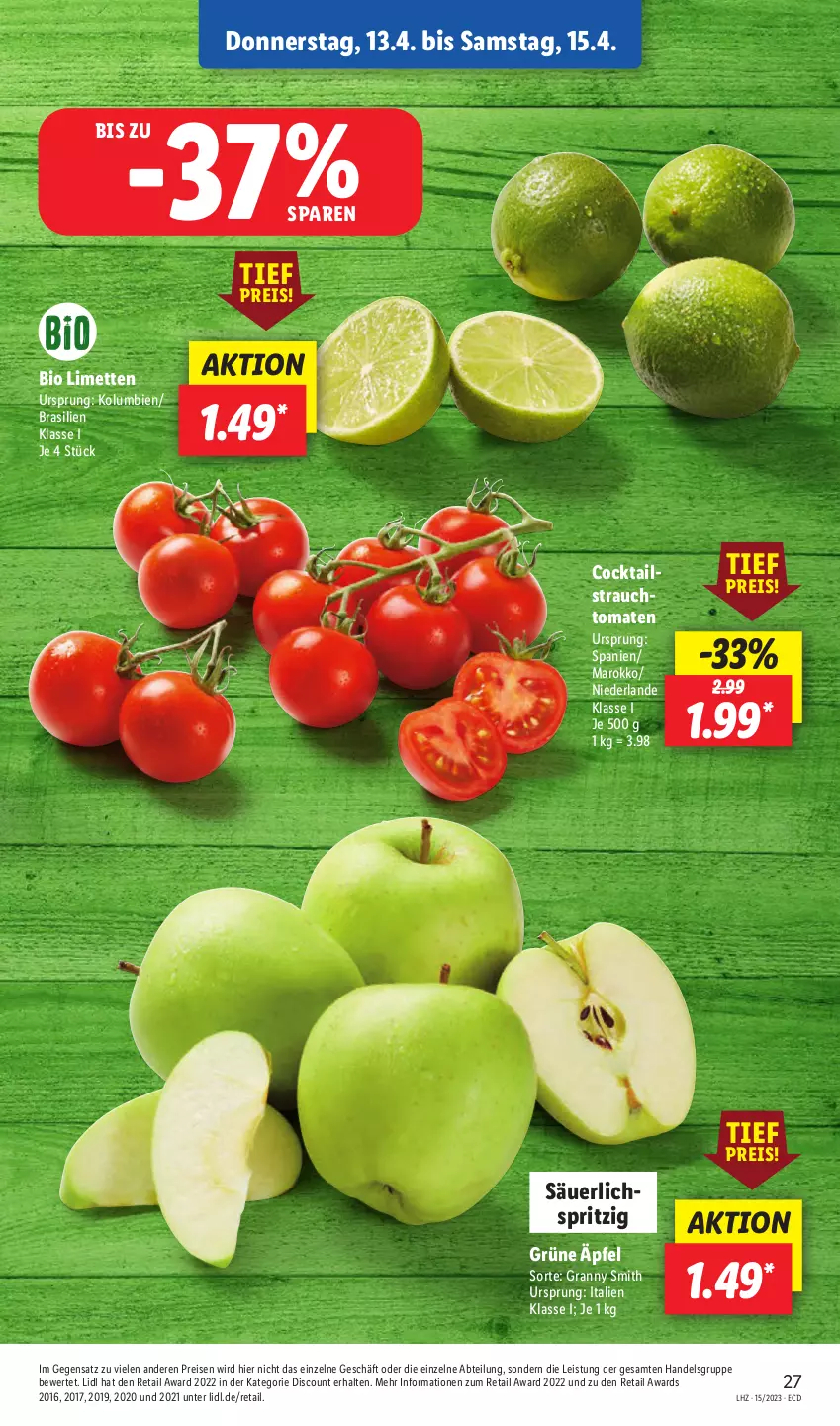 Aktueller Prospekt Lidl - Aktionsprospekt - von 11.04 bis 15.04.2023 - strona 31 - produkty: Abtei, bio, cocktail, cocktails, discount, eis, limette, limetten, Mett, metten, Rauch, reis, strauchtomaten, Ti, tomate, tomaten