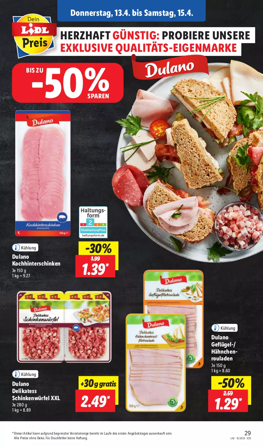 Aktueller Prospekt Lidl - Aktionsprospekt - von 11.04 bis 15.04.2023 - strona 33 - produkty: angebot, bier, Biere, dulano, eis, Geflügel, hinterschinken, reis, rouladen, schinken, Ti, würfel, ZTE