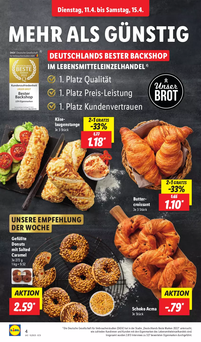 Aktueller Prospekt Lidl - Aktionsprospekt - von 11.04 bis 15.04.2023 - strona 4 - produkty: brot, butter, caramel, Croissant, Donut, donuts, eis, Käse, Laugenstange, lebensmittel, Rauch, reis, schoko, Ti